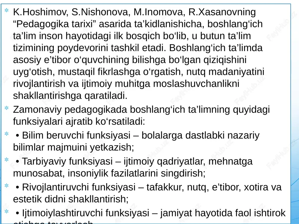 gan bo‘lsa-da, bolalarga savod o‘rgatish, odob-axloq asoslari va qadriyatlar singdirilgan. bu qadimiy yondashuvlar boshlang‘ich ta’limning etik va ma’naviy poydevorini yaratgan. 2. ikkinchi bosqich – jadidchilik davri (xix asr oxiri – xx asr boshlarida) jadidlar harakati xalqni savodli qilish, bolalarga zamonaviy fanlar asoslarini o‘rgatish tarafdori edi. mahmudxo‘ja behbudiy, abdulla avloniy, munavvar qori abdurashidxonov kabi jadid pedagoglari maktablarda yangi o‘quv dasturlari va uslublar joriy qilishga urindi. bu davrda boshlang‘ich ta’lim mazmuni yangilandi, bolalarda mustaqil fikrlashga asoslangan yondashuvlar shakllandi. 3. sovet davri (1920–1991 yillar) sovet davrida boshlang‘ich ta’lim davlat tomonidan markazlashtirilgan va majburiy tarzda tashkil etilgan. o‘quv dasturlari yagona tizim asosida yuritilgan, asosiy urg‘u savod o‘rgatish, mehnatga o‘rgatish va jismoniy tarbiya kabi yo‘nalishlarga berilgan. bu davrda metodik qo‘llanmalar, darsliklar va o‘qituvchilar tayyorlash tizimi ancha rivojlangan bo‘lsa-da, ijodiy va shaxsga yo‘naltirilgan yondashuvlar yetarli darajada bo‘lmagan. 4. mustaqillikdan keyingi davr (1991 yildan hozirgacha) o‘zbekiston respublikasida ta’lim tizimi mustaqillikdan so‘ng tubdan isloh qilindi. “ta’lim to‘g‘risida”gi qonun …