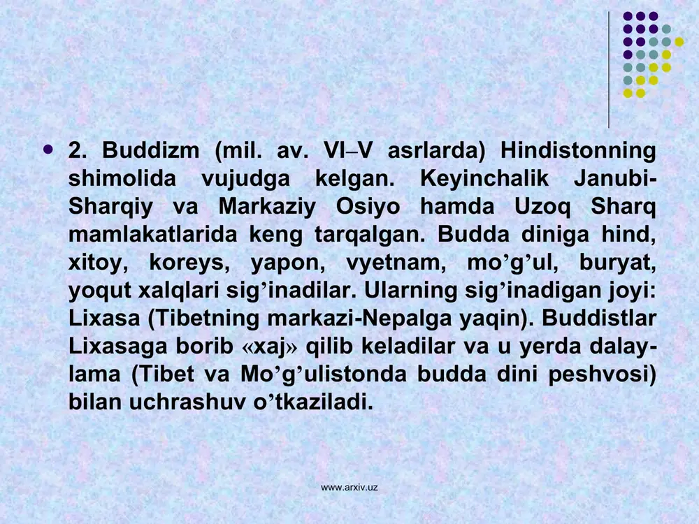 adi. ota-ona qanday bo’lishidan qat’iy nazar, farzand ularga nisbatan hurmat saqlashi, ularning so’zlarini qaytarmasligi, ota-ona bolani dunyoga keltirish bilan birga, farzandga ta’lim-tarbiya ham berganligini unutmay, ularning haqqini ado etishga doimo tayyor turishi lozimligi ta’kidlanadi. www.arxiv.uz www.arxiv.uz 1.«qur’on»da shirinsuxanlik, to’g’ri so’z, muomala madaniyatiga rioya qilish qonun-qoidalari keltiriladi, shirinsuxanlik insonning muomala madaniyatiga ega ekanligini ko’rsatadi, obroini orttiradi, hurmatga sazovor qiladi. www.arxiv.uz www.arxiv.uz 2.unda odob-ahloq madaniyati, huquqiy munosabatlar va insonni ulug’lashga oid muhim ko’rsatmalar mavjud. jumladan, «bandalarimga aytingki, ular eng go’zal so’zlardan so’zlashsinlar», «biz odam bolalarini mukarram qildik… ularga halol, pok narsalardan rizqu - ro’z berdik va ularni o’zimiz yaratgan juda ko’p jonzotlardan afzal - ustun qilib qo’ydik» ─ deb ko’rsatiladi. www.arxiv.uz www.arxiv.uz hadislar islomda qur’oni karimdan keyin ikkinchi manba hisoblanadi va xalqning turmush tarzidagi barcha qonun-qoidalarini belgilab beradi. bugun musulmon olamida eng nufuzli manbalar deb tan olingan 6ta ishonchli hadislar to’plami (as-sahih is-sita) mualliflari markaziy osiyo xalqlari vakillari bo’lgan. 1. abu abdulloh …