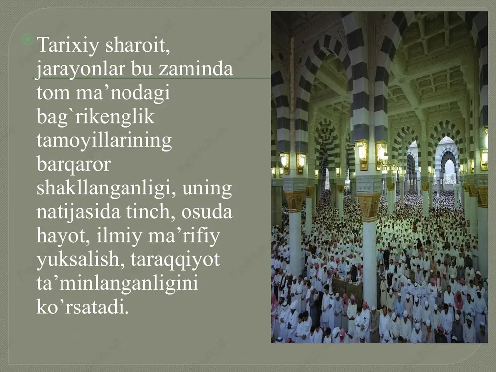a bironta ham holat ma’lum emas”. ajabo, bu qanaqasi bo‘ldi? nima, ayolning ozodligi yoki inson huquqlari shu modda bilangina belgilanadimi? er-xotin qattiqroq gapirib qo‘ygani uchun bir-birini sudga bersa, bola-chaqa ovora bo‘lsa, qarindosh-urug‘ aziyat cheksa, sudga tortishlar ko‘p bo‘lsa, demokratiya, inson huquqlari ta’minlangan bo‘ladi-yu, bo‘lmasa – yo‘qmi? yo‘q, yevropalik yoxud amerikalik teng huquqlilik targ‘ibotchisi buni tushunishi qiyin. g‘arblik mital’da bogner xonim o‘tgan yili bizdagi mahalla institutiga ochiqdan-ochiq tuhmat qildi. adabiyotlar ro’yhati 1. o’zbekiston respublikasi konstitutsiyasi – t., 2003 2. karimov i.a. o’zbekiston xxi asr bo’sag’asida: xavfsizlikka tahdid, barqarorlik shartlari va taraqqiyot kafolatlari. – t., “o’zbekiston”, 1997. karimov i.a. olloh qalbimizda, yuragimizda. – t., 1999. dinshunoslik. ma’ruzalar matni. – t., 2000 dinshunoslik. o’quv qo’llanma. – t.: tdyui, 2005 dunshunoslik. darslik. toshkent islom universitet. 2005 dinshunoslik. d.tojiboeva, o’quv qo’llanma, - t,. 2010 image2.jpeg image3.jpeg image4.jpeg image5.jpeg image6.jpeg /docprops/thumbnail.jpeg