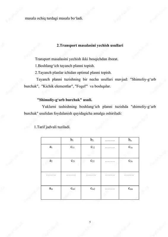 ak" va "kichik elementlar" usulida topamiz. "shimoliy-g‘arb burchagi" usuli qoidasiga binoan jadvalning (1,1) katagiga x1,1=min(60,40)=40 sonini joylashtiramiz, keyingi x12=min(60-40,25)=20 sonini (1,2) katagiga joylaymiz. shu bilan birinchi punktda yuk tugadi va keyingi kataklar (1,3) va (1,4) yopildi. keyingi punktdagi yuklarni taqsimlashni boshlaymiz. (2,2) katakga x22=min(40,5)=5 sonini joylashtiramiz. shu bilan 1-chi va 2-chi talabgorlar talabi qondirildi, yani 1-chi va 2-chi ustun yopildi. (2,3) katakka x23=min(35,20)=20 joylashtiriladi. 3-chi talabgor talabi bajarildi. qolgan yukni (2,4) katakka joylashtiramiz, ya'ni x24=min(15,50)=15 va ikkinchi jo‘natish punktida yuk tugadi. 3-chi jo‘natish punktidagi yukni taqsimlashni boshlaymiz. (3,1),(3,2),(3,3) kataklar yopilgan, ya'ni 1,2 va 3 talabgorlar talabi qondirilgan. (3,4) katakka x34=min(35,35)=35 yozamiz. shu bilan yuklar to‘liq taqsimlandi, ya'ni quyidagi planga ega bo‘ldik. maqsad funksiyasi qiymati z=595 ni tashkil qiladi. qo‘yilgan masalaning tayanch planini endi "eng kichik elementlar" usuli bilan topamiz. yechish: ustun yoki satr bo‘yicha eng kichik xarajatni topamiz. satr bo‘yicha bu element (1;3) katakda joylashgan, ya'ni c13 =1. shuning uchun …