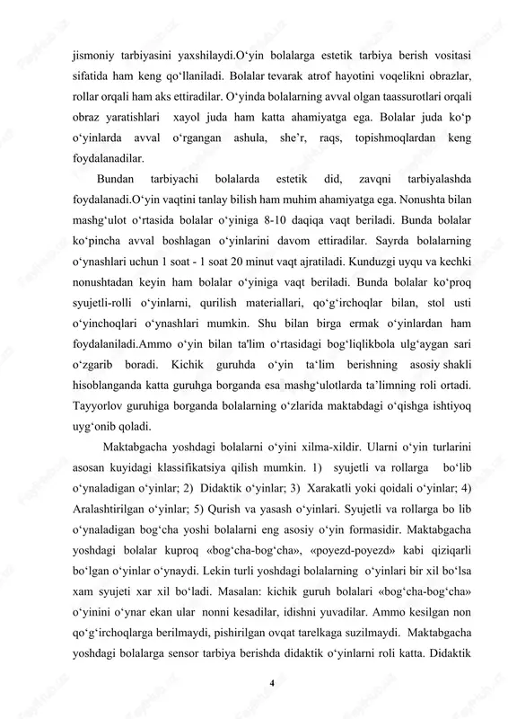 borganda esa mashg‘ulotlarda ta’limning roli ortadi. tayyorlov guruhiga borganda bolalarning o‘zlarida maktabdagi o‘qishga ishtiyoq uyg‘onib qoladi. maktabgacha yoshdagi bolalarni o‘yini xilma-xildir. ularni o‘yin turlarini asosan kuyidagi klassifikatsiya qilish mumkin. 1) syujetli va rollarga bo‘lib o‘ynaladigan o‘yinlar; 2) didaktik o‘yinlar; 3) xarakatli yoki qoidali o‘yinlar; 4) aralashtirilgan o‘yinlar; 5) qurish va yasash o‘yinlari. syujetli va rollarga bo lib o‘ynaladigan bog‘cha yoshi bolalarni eng asosiy o‘yin formasidir. maktabgacha yoshdagi bolalar kuproq «bog‘cha-bog‘cha», «poyezd-poyezd» kabi qiziqarli bo‘lgan o‘yinlar o‘ynaydi. lekin turli yoshdagi bolalarning o‘yinlari bir xil bo‘lsa xam syujeti xar xil bo‘ladi. masalan: kichik guruh bolalari «bog‘cha-bog‘cha» o‘yinini o‘ynar ekan ular nonni kesadilar, idishni yuvadilar. ammo kesilgan non qo‘g‘irchoqlarga berilmaydi, pishirilgan ovqat tarelkaga suzilmaydi. maktabgacha yoshdagi bolalarga sensor tarbiya berishda didaktik o‘yinlarni roli katta. didaktik o‘yinlar maktabgacha ta’lim muassasasida maxsus dastur asosida olib boriladigan mashg‘ulotlarni muvaffaqiyatli o‘tkazishga, katta gurux bolalarini maktabdagi o‘qish faoliyatiga tayyorlashga katta yordam beradi. maktabgacha yoshdagi bolalar o‘yinlari ichida xarakatli …