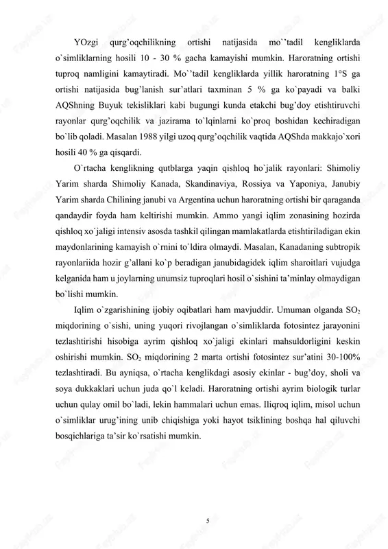 y olmaydigan bo`lishi mumkin. iqlim o`zgarishining ijobiy oqibatlari ham mavjuddir. umuman olganda so2 miqdorining o`sishi, uning yuqori rivojlangan o`simliklarda fotosintez jarayonini tezlashtirishi hisobiga ayrim qishloq xo`jaligi ekinlari mahsuldorligini keskin oshirishi mumkin. so2 miqdorining 2 marta ortishi fotosintez sur’atini 30-100% tezlashtiradi. bu ayniqsa, o`rtacha kenglikdagi asosiy ekinlar - bug’doy, sholi va soya dukkaklari uchun juda qo`l keladi. haroratning ortishi ayrim biologik turlar uchun qulay omil bo`ladi, lekin hammalari uchun emas. iliqroq iqlim, misol uchun o`simliklar urug’ining unib chiqishiga yoki hayot tsiklining boshqa hal qiluvchi bosqichlariga ta’sir ko`rsatishi mumkin. iqlim o`zgarishi va okean sathi oxirgi yuz yil ichida okeanning global sathi taxminan 15 sm ga ko`tarilgan. kutilayotgan global haroratning ortishi 2030 yilga borib okean sathini yana 18 sm ga ko`tarishi mumkin. agar issiqxona gazlari emissiyasining hozirgi sur’ati saqlanib qolsa 2100 yilga borib okean sathi hozirgiga qaraganda yana 65 sm ga ko`tarilishi mumkin. okean sathining ko`tarilishi past qirg’oqlar va katta bo`lmagan orollar va …