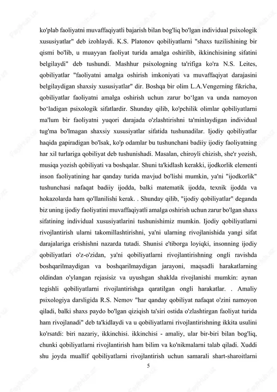 gapiradigan bo'lsak, ko'p odamlar bu tushunchani badiiy ijodiy faoliyatning har xil turlariga qobiliyat deb tushunishadi. masalan, chiroyli chizish, she'r yozish, musiqa yozish qobiliyati va boshqalar. shuni ta'kidlash kerakki, ijodkorlik elementi inson faoliyatining har qanday turida mavjud bo'lishi mumkin, ya'ni "ijodkorlik" tushunchasi nafaqat badiiy ijodda, balki matematik ijodda, texnik ijodda va hokazolarda ham qo'llanilishi kerak. . shunday qilib, "ijodiy qobiliyatlar" deganda biz uning ijodiy faoliyatini muvaffaqiyatli amalga oshirish uchun zarur bo'lgan shaxs sifatining individual xususiyatlarini tushunishimiz mumkin. ijodiy qobiliyatlarni rivojlantirish ularni takomillashtirishni, ya'ni ularning rivojlanishida yangi sifat darajalariga erishishni nazarda tutadi. shunisi e'tiborga loyiqki, insonning ijodiy qobiliyatlari o'z-o'zidan, ya'ni qobiliyatlarni rivojlantirishning ongli ravishda boshqarilmaydigan va boshqarilmaydigan jarayoni, maqsadli harakatlarning oldindan o'ylangan rejasisiz va uyushgan shaklda rivojlanishi mumkin: aynan tegishli qobiliyatlarni rivojlantirishga qaratilgan ongli harakatlar. . amaliy psixologiya darsligida r.s. nemov "har qanday qobiliyat nafaqat o'zini namoyon qiladi, balki shaxs paydo bo'lgan qiziqish ta'siri ostida o'zlashtirgan faoliyat turida ham rivojlanadi" deb ta'kidlaydi …