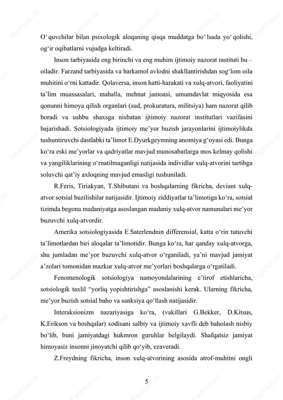 idir. interaksionizm nazariyasiga ko‘ra, (vakillari g.bekker, d.kitsus, k.erikson va boshqalar) xodisani salbiy va ijtimoiy xavfli deb baholash nisbiy bo‘lib, buni jamiyatdagi hukmron guruhlar belgilaydi. shafqatsiz jamiyat himoyasiz insonni jinoyatchi qilib qo‘yib, ezaveradi. z.freydning fikricha, inson xulq-atvorining asosida atrof-muhitni ongli baholash bilan ongsiz ishtiyoq orasida ziddiyat yotadi. ongsizlik asosida esa insonga beshikdan to qabrgacha soyadek ergashib yuradigan, uning barcha fikr va istaklarini belgilaydigan jinsiy rag‘bat – “libid” yotadi. barcha atrofimizdagi voqea-hodisalarni jinsiy rag‘bat belgilaydi. inson ruhiyatidagi barcha jarayonlar hayot instinkti eros va o‘lim instinkti -tanatos o‘rtasidagi kurash natijasi bo‘lib, har qanday xulq-atvor, jumladan noto‘g‘ri xulq-atvor ham, jinsiy rag‘bat va yashash uchun kurash natijasidir. deviant xulq-atvorga r.merton ishlab chiqqan ta’limot zamonaviy sotsiologiyada yetakchi o‘rin tutadi. e.dyurkgeymning anomiyasini rivojlantirib, merton deviant xulq-atvorga quyidagicha ta’rif beradi; “deviant xulq-atvor jamiyatda e’lon qilingan qadriyatlar va rasmiy xulq-atvor standartlari bilan aholi xulq-atvori motivlari va mavjud imkoniyatlarning bir-biriga mos kelmay qolishi natijasidir”. jamiyatning rasmiy tuzilmalari tomonidan maqsadga erishishning …