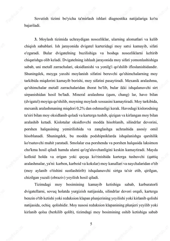 a, silindrlar devori orqali, karterga benzin o'tib ketishi yoki reduksion klapan plunjerining yeyilishi yoki kirlanib qolishi natijasida, ochiq qolishidir. moy nasosi reduksion klapanining plunjeri yeyilib yoki kirlanib qolsa (berkilib qolib), tizimdagi moy bosimining oshib ketishiga sabab bo'ladi. moy tarkibida 4-6% dan oshiq yonilg'i bo'lsa, bunday moy tizimdan to'kib tashlanib, yangisiga almashtiriladi. dvigatel karterida moy sat- xining kamayishiga tizimning jips mahkamlanishining kamayishi tufayli moyni salnik va boshqa birikmalardan sizib chiqishi va kuyishi sabab bo'ladi. porshen halqasining yeyilishi tufayli, yonish kamerasiga o'tib ketadigan moy, yonilg'i bilan qo'shilib, kuyib-yonadi. bundan tashqari, dvigatelning ish jarayonida, mayin va dag'al moy filtrlari ifloslanib qolib, moyni tozalash qobiliyati kamayadi, buning natijasida tirsakli valning yelkalarini va podshipnik (vkladish) larini yeyilib ketishi jadallashadi. moylash tizimining nosozliklarini aniqlashda, uni quyidagi tashqi belgilariga e'tibor beriladi. masalan: karterdagi moy satxi moy ko'rsatuvchi shupdagi "min" belgicidan kam bo'lsa, hamda tirsakli valni o'rtacha aylanishida, moy bosimi 0,1-0,15 mpa dan kam bo'lsa, yoki dvigatel (500 …