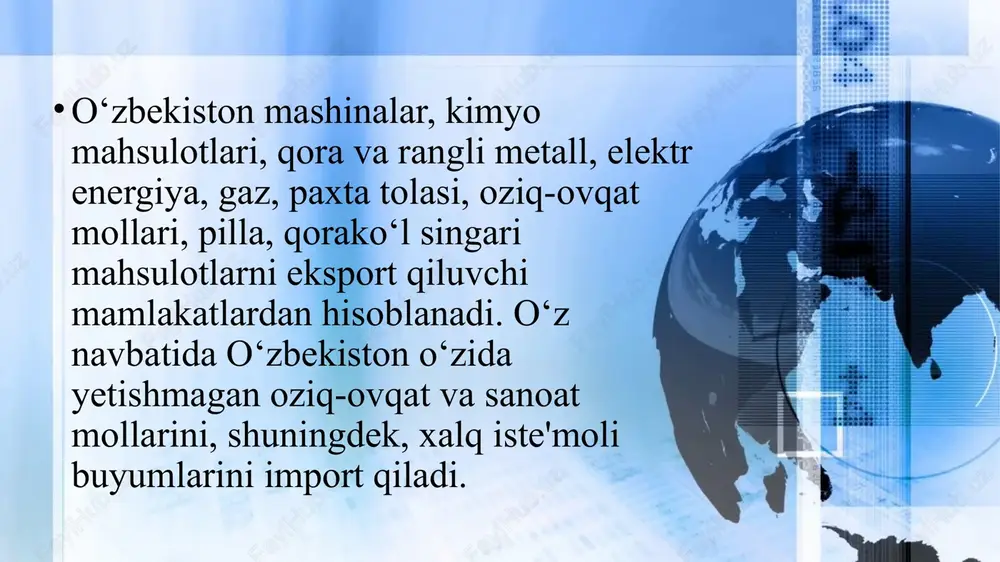 ga ham jiddiy e'tibor qaratmoqda. shanxay hamkorlik tashkiloti (shht), yevropa ittifoqi (yi), mustaqil davlatlar hamdo‘stligi (mdh), yevrosiyo iqtisodiy hamdo‘stligi (yih), islom konferensiyasi tashkiloti (ikt) va boshqa xalqaro tashkilotlar shular jumlasidandir. image1.jpg image2.jpg image3.jpg image4.jpg image5.jpg image6.png image7.jpg image8.png image9.jpg image10.png image11.jpg image12.jpg image13.jpg image14.jpg image15.png image16.jpg image17.jpg uzbekistan flag, vector illustration on a white background /docprops/thumbnail.jpeg