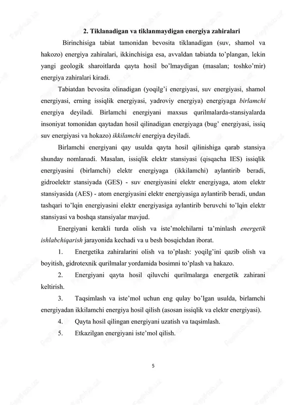 a zahiralari, yadro va termoyadro energetikasini hisobga olmagan holda, yana 100-250 yilga etadi. bu ma’lumotlar taxminan, lekin kelajakni ayrim ko’rinishlarini yoritib beradi. quyidagi rasmda energiya tashuvchilarni dunyodagi iste’moli to’g’risida ma’lumotlar berilgan. dunyoda energiya zahiralarini 2000 yilga kelib umumiy ishlab chiqarish 20 mlrd. tonna shartli yoqilg’iga teng bo’ladi deb kutilmoqda. bu tizimda neft va gaz yuqori o’rin egallaydi va ishlab chiqarish energiya zahiralarini 3/5 qismini tashkil etadi; 1/5 qismini yadro yoqilg’isiga, qolgan qismi boshqa qattiq yoqilg’ilarga to’g’ri keladi. 60-yillarda dunyo yoqilg’i-energetik muvozanati tuzilishida sezilarli o’zgarishlar ro’y berdi. suyuq va gazsimon yoqilg’i iste’moli ortdi. 1980 yilda dunyoda umumiy energiya iste’molida 46% ni neft, 20% ni esa gaz tashkil etdi. xx asrning oxiriga kelib energiyani iste’molini tabiiy gaz, ko’mir va yadro energiyasi hisobiga qondirildi. xxi asr boshida tiklanadigan energiya turlari unumdorligini oshirish kutilmoqda. taxminiy hisoblarga ko’ra bu energiya zahiralarini ulushi, yadro energiyasi bilan 40% atrofida bo’ladi. foydalanaoladigan energiya manbalari ichida ko’mirning ulushi eng …