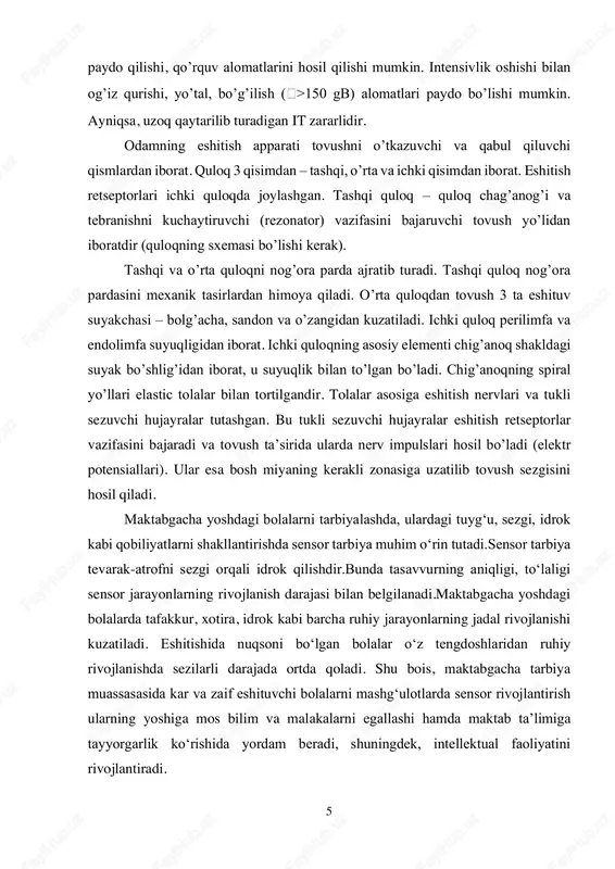 i shakllantirishda sensor tarbiya muhim o‘rin tutadi.sensor tarbiya tevarak-atrofni sezgi orqali idrok qilishdir.bunda tasavvurning aniqligi, to‘laligi sensor jarayonlarning rivojlanish darajasi bilan belgilanadi.maktabgacha yoshdagi bolalarda tafakkur, xotira, idrok kabi barcha ruhiy jarayonlarning jadal rivojlanishi kuzatiladi. eshitishida nuqsoni bo‘lgan bolalar o‘z tengdoshlaridan ruhiy rivojlanishda sezilarli darajada ortda qoladi. shu bois, maktabgacha tarbiya muassasasida kar va zaif eshituvchi bolalarni mashg‘ulotlarda sensor rivojlantirish ularning yoshiga mos bilim va malakalarni egallashi hamda maktab ta’limiga tayyorgarlik ko‘rishida yordam beradi, shuningdek, intellektual faoliyatini rivojlantiradi. 6 agar bolaning kompensatorlik imkoniyatlari, to‘g‘ri tanlangan korreksion- pedagogik, psixologik va tibbiy ishlari bir-biriga mos kelib, o`zaro uyg‘unlashsa, ular bolaning ruhiy va jismoniy rivojlanishidagi dastlabki nuqson ta’sirini ancha kamaytirishi, ayrim hollarda esa butunlay bartaraf etishi mumkin. bunday hamkorlik kompensatorlik mexanizmlarining samarali shakllanishini, dastlab buzilgan psixik va motor funksiyalarining korreksiyasini ta’minlaydi, ya’ni bolalar kasalliklari va nogironligini profilaktika qilishda muhim omil bo‘lib xizmat qiladi. erta boshlangan korreksiyalash ishlari bolalarning ijtimoiy faoliyatdagi yetishmovchilik darajasini ancha pasaytirib, …