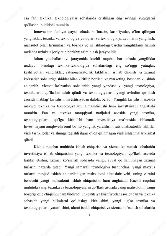 xona) faoliyati barqarorligini ta’minlash asosida foyda (daromad) hajmi va normasini ko’paytirishdir. yangi samarali texnologiyalar o’zining predmeti va qo’llash sohalari bo’yicha quyidagilarga bo’linadi: -mahsulotli (yangi tovar yoki xizmatlar); -bozorboplik (tovarni ishlatilishini yangi sohalarini tashkil etuvchi yoki xizmatlarni yangi bozorda tadbiq etish); -yangi samarali texnologiyalik jarayonlari (texnologiyalar, ishlab chiqarishni tashkil etish va boshqarish jarayonlari) yangi samarali texnologiyalarni qayd etilgan mezonlar bo’yicha tiplarga ajratish firma (korxona) strategiyasini aniqlash, yangi samarali texnologiya tiplaridan kelib chiqib tovar (xizmatlari) realizatsiya shakllari hamda iqtisodiy mexanizm boshqarish shakllarini ishlab chiqish imkoniyatlarini beradi. har qanday yangilik, ya’ni yangi samarali texnologiya aniq loyihalarda o’z ifodasini topadi, aniq maqsadlarga qaratiladi hamda chuqur hisob-kitoblar, tahlil va ekspertiza asosida bo’lajak natijalari istiqboli aniqlanadi. yangi samarali texnologiya har qanday sohada yangilikni qo’llash bo’lib, uzluksiz jarayonni bildiradi, tizimli faoliyatni, aniq strategiyani amalga oshirishdan dalolat beradi. yangilikka intilish, yaratuvchanlik, kashfiyotlar va ular asosida qo’lga kiritiladigan ishlanmalar har qanday sohada resurs talab etadi. har qanday iqtisodning bosh …