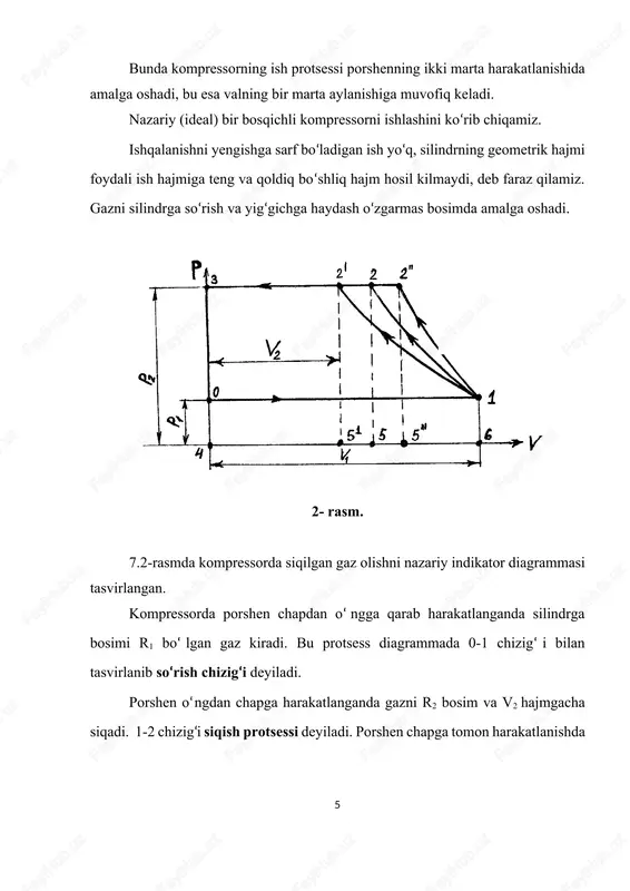 etma-ket bir necha silindrda oraliq sovitish bilan amalga oshiriladi. 3-rasm. p r4 r3 r2 r1 3 - boskich 1 - boskich s v a o 41 4 5 31 3 21 2 2 - boskich v 4-rasm. 7.3-rasmda uch bosqichli porshenli kompressorning sxemasi, 7.4-rasmda esa undan sodir bo‘ladigan protsessning rv diagrammasi ko‘rsatilgan. gaz 0-1 protsessida past bosimli silindr s1 ga so‘rilib, 1-2 politropa bo‘yicha r2 bosimgacha siqiladi va sovitkich s1 ga o‘tadi. gaz sovitkichda o‘zgarmas bosimda dastlabki temperaturasi t1 gacha sovitilib, ikkinchi bosqich s2 ga beriladi va bu yerda politropa 2-3 bo‘yicha r3 bosimgacha siqiladi. siqilgan bosqich s2 da gaz politropa 2-3 bo‘yicha r3 bosimgacha siqiladi. siqilgan gaz sovitkich s2 ga o‘tadi va t1 temperaturagacha soviydi. uchinchi bosqich s2 da gaz politropa 3-4 bo‘yicha oxirgi bosimgacha siqiladi. so‘ngra sovitkich s2 ga va undan iste’molchiga o‘tadi. ko‘p bosqichli kompressorning har bir keyingi bosqichida silindrdagi gazning siqilishdan oldingi temperaturasi dastlabki temperaturasi t …