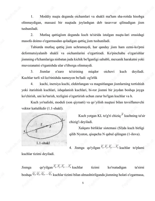 inch holati tushuniladi. jismning harakati yoki holati boshqa jism bilan bog'langan koordinatalar sistemasiga nisbatan tekshiriladi. odatda bunday koordinatalar sistemasi sanoq sistemasi-deyiladi. statikada yer bilan bevosita bog'langan sanoq sistemasi ishlatiladi. 2. statikaning aksiomalari statika masalalarini yechish tajriba va kuzatishlar yordamida aniqlangan quyidagi aksiomalarga asoslanadi; 1-aksioma. erkin jismning ixtiyoriy ikki nuqtasiga 1.2-shaklda tasvirlanganidek miqdorlari teng, yo'nalishi esa mazkur nuqtalardan o'tuvchi to'g'ri chiziq bo'yicha qarama-qarshi yo'nalgan ikkita kuch ta'sir etsa, bunday kuchlar o'zaro muvozanadashadi. kuchlar orasidagi munosabatlarra quyidagicha yozish mumkin: · miqdori jihatdan = · yo'nalishi jihatdan = (manfiy ishora kuchlarning o'zaro qarama-qarshi yo'nalganligini ko'rsatadi). · shunday qilib, bunday ikki kuchdan tashkil topgan tizim nollik tizimdan iborat bo'ladi: · ( 0. 2-aksioma. nolga ekvivalent tizimni jismga ta'sir etuvchi kuchlar tizimiga qo'shish yoki undan ayirish bilan kuchlar ti-zimiiung jismga ta'siri o'zgarmaydi. bundan quyidagi natija kelib chiqadi: kuchning miqdori va yo'nalishini o'zgartirmagan holda, o'zining ta'sir chizig'i bo'ylab bir nuqtadan ixtiyoriy boshqa nuqtaga ko'chirilsa, uning jismga …