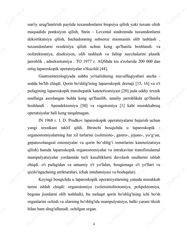 rur bo'lgan jarrohlik kirish sifatini baholash mezonlari etarlicha batafsil o'rganilgan. shunday qilib, operatsiya ob'ektining mavjudligi, a. yu sozon-yaroshevichning [18] klassik tadqiqotlariga ko'ra, quyidagi asosiy ko'rsatkichlar bilan tavsiflanishi mumkin : jarrohlik harakati o'qining yo'nalishi, yaraning chuqurligi. , operatsion harakatning burchagi , operatsion harakatning o'qining moyillik burchagi va foydalanish imkoniyati zonasi (1.1-rasm ). a. yu. sozon-yaroshevich va uning klinikasi xodimlari klassik operatsiyalar uchun ushbu ko'rsatkichlarning asosiy miqdoriy qiymatlarini aniqladilar. jarrohlik ta'sir o'qining yo'nalishi umumiy tushuncha bo'lib, jarroh operatsiya ob'ektini va bo'linadigan to'qimalar qatlamlarini ko'radigan jihatni tavsiflaydi. rasm . jarrohlik kirishining asosiy parametrlari (e nuqtasi uchun): a - operatsion harakat o'qi: b - yaraning uzunligi; b - yaraning chuqurligi; g - foydalanish imkoniyati zonasi; a — ekspluatatsion harakat o'qining moyillik burchagi; p - ish burchagi jarrohning barmoqlari va asboblari harakat erkinligini belgilaydigan muhim miqdoriy xususiyatlardan biridir . 150-200 mm chuqurlikdagi operatsiyani bajarish katta texnik qiyinchiliklar bilan birga keladi va maxsus texnika va qurilmalarni …