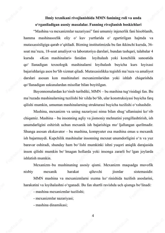 rish kranlari, transportyorlar, avtomobil, samolyotlar, liftlar va h.k. texnologik mashinalar ob’ektni texnologik operatsiyalar yordamida xolatini, o‘lchamini o‘zgartiradi. bu mashinalar ishlab chiqarishning istalgan sohasida qurilishida, qishlok xo‘jaligida qo‘llaniladi. mashinasozlik zavodlarida – bu metal qirqish stanoklari, temirchilik-presslash mashinalar, yengil sanoatdagi fabrikalarda- tikuv stanoklari, xom ip yasaydigan mashina, yigiruv, tikish mashinalar; qurilishda – ekskavatorlar, buldozerlar va beton qorishtiruvchi; qishlok xujaligida – kombaynlar, paxta terish mashinalar, kultivatorlar va h.k. metalga ishlov beruvchi dastgoxlar uchun ob’ekt – zagatovka hisoblansa, texnologik operatsiya uchun- charxlash, natijada- detal hosil bo‘ladi. ekskavator uchun ob’ekt tuproq, texnologik operatsiya – kovlash, natija – fundament uchun kotlavan. kibernetik mashinalar inson qo‘li harakatiga mos ravishda foydali mexanik ish bajaradi. bunday mashinalarni robot, uni bajaruvchi mexanizmni manipulyator deyiladi. sanoat robotlari tashishga muljallangandir (misol, texnologik mashinalarga detallarni yuklash va siljitish) yoki texnologik funksiyalarni bajaradi (misol, payvandlash yoki kraska ishlari). robot turli-tuman mexanik operatsiyalarni bajara olishi bilan bir katorda vujudga keluvchi mantiqiy masalalarning ma’lum bir majmuini …