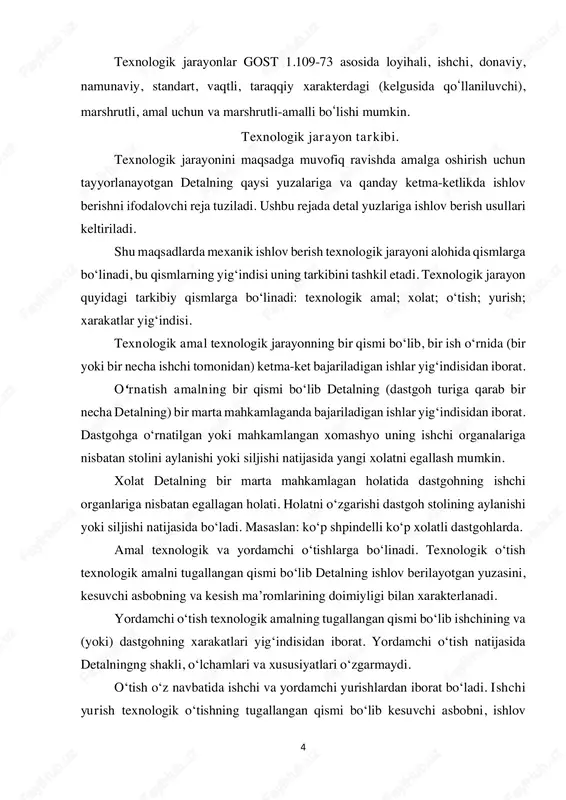 sh kerakki bitta korxonaning yoki bir sexning o‘zida turli xil ishlab chiqarish sharoitlari mvjud bo‘lishi mumkin. masalan, bir xil detal ko‘p miqdorda ikkinchi xil detal esa oz miqdorda tayyorlanishi mumkin. 6 donali ishlab chiqarish sharoitida mahsulot bir nusxada tayyorlanadi. tayyorlangan mahsulotlar turli tuzilishga, o‘lchamlarga ega bo‘lib ular umuman takror tayyorlanmasligi yoki juda kam hollarda takrorlanishi mumkin. bu turdagi ishlab chiqarish sharoitida universal dastgohlardan keng foydalaniladi. universal dastgohlar turli xil ishlov berish usullarini bajara olish imkoniyatiga ega bo‘lishi kerak. xuddi shuningdek, universal, universal qayta sozlanuvchi moslamalar va standart kesuvchi asboblardan foydalaniladi. donali ishlab chiqarish sharoitidagi texnologik jarayon integral xususiyatga ega bo‘lib bitta dastgohda turli, bir necha, amal bajariladi. bitta dastgohda turli tuzilishga ega bo‘lgan, turli o‘lchamli va turli materiallardan tayyorlangan detallarga ishlov beriladi. birgina dastgohda turli ishlar bajarilganligi va universal vositalardan foydalanganligi uchun sarflangan vaqt tarkibidagi asosiy vaqtning miqdori kichik bo ‘ladi. bundan tashqari, ushbu ishlab chiqarish sharoitida qo‘llaniladigan nazorat qilish …
