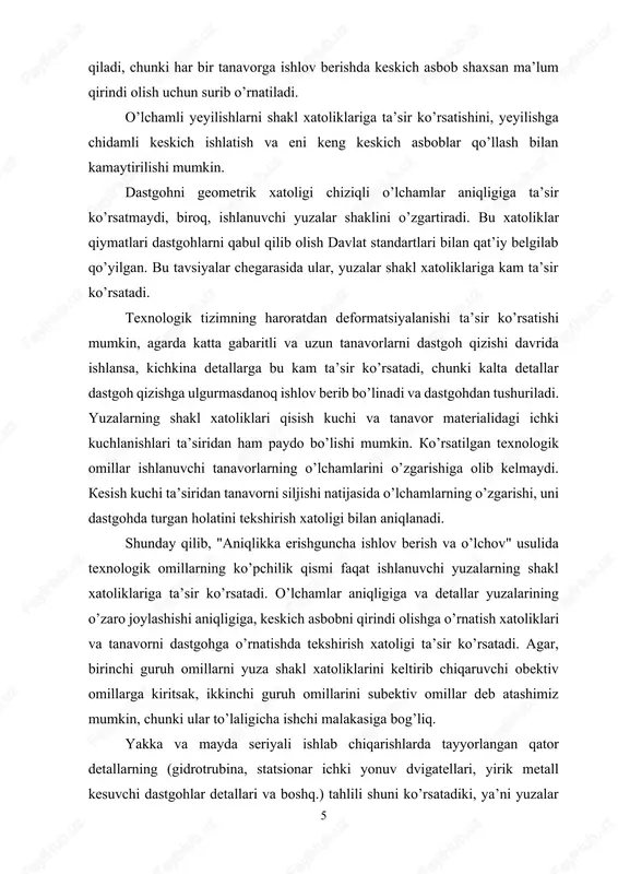 yalanish jarayoni va metalni buzilishi sodir bo’ladi. mexanik ishlov berishda kesish jarayoniga plastik deformatsiyalashning va yuzadagi dispergiyalangan, materialning kesiluvchi qatlami murakkab kuchlanganlik hajmiy holatda bo’layotgan ko’rinishi kabi qaraladi. tig’li asbob bilan mexanik ishlov berishda kesishning ikki turi mavjud: 1) uzluksiz (yo’nish, parmalash, zenkerlash, razvertkalash va boshq.) va 2) uzlukli (randalash, frezalash, tortib–sidirish, bosib–o’yish). mashina va priborlarning detallarini tayyorlash texnologik jarayonida mexanik ishlov berish (mib), eng ko’p va asosiy usullar guruhini tashkil etadi. mexanik ishlov berish usullarining qo’llaniluvchi asboblar turiga bog’liq, tasnifi 3. aniqlikka avtomatik erishish usulini qo’llashda aniqlikni oshirish yo’llari bu sharoitlarda texnologik omillarning aniqlikka ta’siri, avvalgi usulga qaraganda boshqacharoq bo’ladi. tanavorlarga sozlangan dastgohlarda ishlov berish ishchining individual mahoratining muhimligi texnologik jarayon borishiga va sifatli mahsulot olishga ta’sirini deyarli to’la yo’q qilishi mumkin. subektiv omil dastgohni bajariluvchi o’lchamga sozlash va qayta sozlash jarayonida ishlov berish aniqligiga ta’sir ko’rsatadi. ishchining subektiv sifati ishlanuvchi tanavorlarni mahkamlashlarda namoyon bo’ladi. pnevmatik, gidravlik va boshqa …