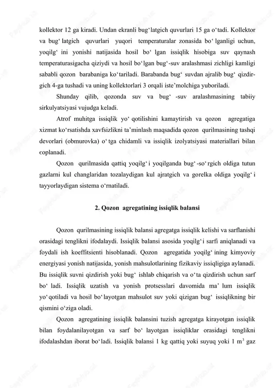 qismi quyidagi kattaliklar yig‘indisidan iborat: (3) bu yerda: qx.f.i - 1 kg yoqilg‘ini yoqish uchun o‘txonaga beriladigan havoning fizikaviy issiqligi; qyo.f.i - o‘txonaga beriladigan 1 kg yoki 1 m3 yoqilg‘ining fizikaviy issiqligi; q(.f.i - 1 kg yoqilg‘iga puflanadigan bug‘ bilan keladigan fizikaviy issiqlik. havo bilan beriladigan issiqlikni quyidagi tenglikdan topish mumkin: (4) bu yerda: - havoqizdirgichga kirayotgan havo miqdorini nazariy jihatdan kerak bo‘ladigan havo miqdoriga nisbati; sp - havoning o‘rtacha hajmiy izobarik issiqlik sig‘imi; tk.x -qizigan havo temperaturasi; ts.x - soviq havo temperaturasi. mazut yoqishda puflanadigan bug‘ bilan keladigan issiqlik: (5) bu yerda: wf - forsunka bug‘ining sarfi; if- forsunka bug‘ining entalpiyasi; r - bug‘lanish issiqligi. o‘txonaga berilayotgan 1 kg yoqilg‘ining fizikaviy issiqligi; (6) bu yerda: syo -yoqilg‘ining issiqlik sig‘imi; tyo -yoqilg‘ining temperaturasi. agar havo va yoqilg‘i dastlab qizdirilmasa, hamda yoqilg‘i bilan puflanadigan bug‘ ishlatilmasa, u holda bo‘ladi. 1.chiqib ketayotgan gazlar bilan issiqlikning yo‘qotilishi q2 (q2) chiqib ketayotgan gazlar bilan …