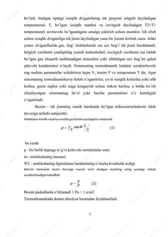 rametrlari vaqt o’tishi bilan o’zgarmaydigan bir xil qiymatga ega bo’ladigan holati sistemaning muvozanat holati deyiladi.agar sistemaning barcha nuqtalarida temperatura bir xil bo’lsa, bu sistema termik muvozanat holatida turibdi degan so’zdir. agar bosim bir xil bo’lsa mexanikaviy muvozanat holatida hisoblanadi. tajriba shuni ko’rsatadiki, muvozanat holatidan chiqarilgan va tashqaridan hech qanday ta‘sir ko’rsatilmaydigan sistema o’z holicha muvozanat holatiga qaytadi. lekin sistema tashqi ta‘sirsiz muvozanat holatidan muvozanatmas holatga o’ta olmaydi. agar ish jismi tashqi yoki ichki faktorlar ta‘sirida muvozanat holatidan chiqarilgan bo’lsa, u holda jismning muvozanat holatini xarakterlovchi barcha parametrlar o’zgaradi, ya‘ni ish jismi holati o’zgarishining termodinamikaviy jarayoni boshlanadi. termodinamikada jarayonni grafikaviy tasvirlash uchun to’g’ri burchakli koordinatalar sistemasidan foydalaniladi. bunda abstsissalar o’qiga hajm v, ordinatalar o’qiga esa absolyut bosim p qo’yiladi. ideal gazning holat tenglamasi. ideal gazning holat tenglamasini keltirib chiqarish uchun boyl moriott va gey-lyussak qonunlaridan foydalanamiz. massasi 1 kg ga teng bo’lgan gaz oldin izotermik kengayib, so’ng izobarik kengayishi t = …