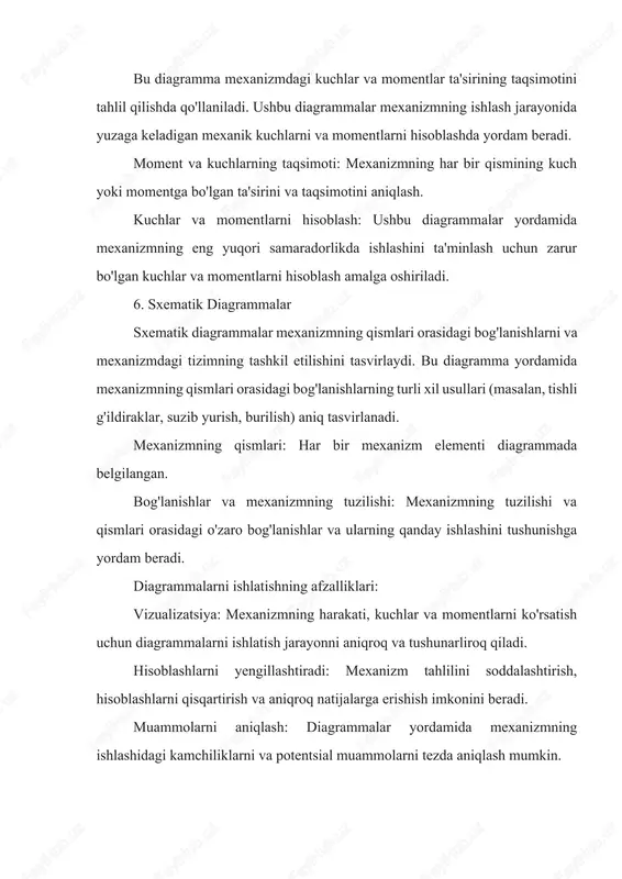 i (tezlanishlarini) aniqlash uchun vektor tenglamalarini grafik yechimi natijasida olinadi. 2. nuqtalarning mutlaq tezliklari vektorlari (ularning harakatini qo'zg'almas bo'g'inga nisbatan ko'rib chiqilayotganda) reja qutbidan chiqayotgan holda tasvirlanadi va yo'nalish harakat traektoriyasining tangenslari bilan mos tushadi. nuqtalarning nisbiy tezliklari vektorlari (ular harakatlanuvchi nuqtalarga nisbatan harakat qilganda) mutlaq tezliklarning mos vektorlari uchlarini birlashtiruvchi segmentlar bilan ifodalanadi; 3. nisbiy tezlik vektorlarining uzunligi ularning nisbiy harakatida nuqtalarning aylanish radiusi bo'lgan bog'lanish qismlarining uzunligiga proporsionaldir. o'xshashlik teoremasi deb nomlanuvchi ushbu qoida tekis-parallel va aylanma harakat bog'lanishlarida joylashgan ko'plab nuqtalarning tezligini aniqlashga yordam beradi. tezliklar (tezlanishlar) rejasi chizma bo'lib, unda mexanizmning ma'lum miqyosdagi ma'lum bir pozitsiyasi uchun xarakterli nuqtalarning tezliklari (tezlanishlari) vektorlari tuziladi. tekis mexanizmlarni kinematik o'rganish texnikasi quyidagicha. dastlabki zvenoning tezliklari va tezlanishlari rejasi tuziladi. keyin boshlang'ich mexanizmga biriktirilgan guruhga ketma-ket o'tadi va qatlamlanish tartibida unga ergashuvchi guruhlar mexanizm bo'g'inlarining barcha nuqtalarining tezligi va tezlanishini aniqlanadi. polzun tezlanishlar grafigini chizish polzun tezlanish grafigi tezlik grafigining …