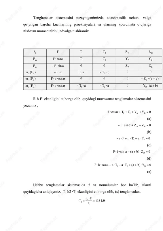 an . yuqoridagi bazi qiymatlar manfiy ishorali bo`lib qoldi, buning sababi, biz reaktsiya kuchini teskari tomonga yo`naltirgan ekanmiz. demak ushbu qiymatlarning asli yo`nalishi, shaklda ko`rsatilgan yo`nalishga teskari tomonga yo`nalgan ekan, lekin ularning son qiymatlari saqlanganicha qolaveradi. agar konstruktsiya uchta, to`rtta va undan ko`p qismlardan tashkil topsa ,xuddi shu kabi, xar birini qattiq jismlardan iborat alohida alohida qismlarga ajratib olib, so`ngra har bir qism uchun muvozanat tenglamalar sistemasini tuzib olamiz va sistema shaklida echib tegishli nomalumlarni aniqlaymiz. savollar: 1) fazoviy kuchlar sistemasining geometrik muvozanat shartini tushuntirib bering? 2) fazoviy kuchlar sistemasi muvozanatining analitik shartini yozib bering? 3) fazoda joylashgan parallel kuchlar sistemasining geometrik muvozanat shartlarini yozib bering? 4) fazoda joylashgan parallel kuchlar sistemasining analitik muvozanat shartlarini yozib bering? 5) parallel kuchlar tasirida muvozanatda bo`lgan jismlarga misol keltiring? 6) fazoviy kuchlar sistemasida nechta nomalumni aniqlash mumkin? 7) qo`shma konstruktsiyalar deb qanday konstruktsiyalarga aytiladi? 8) qo`shma konstruktsiyalarning muvozanat tenglamalar sistemasi qanday tuziladi? 9) …