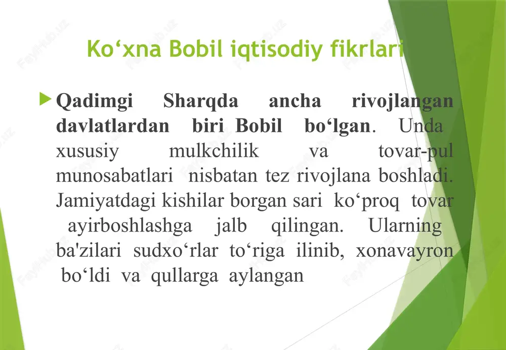krlari uning shogirdlari yozib qoldirgan («suhbat va mulohaza») to‘plamida aks ettirilgan. uning fikricha, mehnat ham kishilarning, ham davlatning boyligini ko‘paytiradi. konfutsiy talimotiga ko‘ra, bilimdon hukmdor - u «xalqning otasi», «to'g'ri amal qilishning» va boylikni ancha tekis taqsimlashning kafolati. zardo‘shtiylik (avesto)dagi iqtisodiy g'oyalar zardo‘shtiylik dinining muqaddas kitobi hisoblangan «avesto» . olingan ma‘lumotlarda «avesto» kitobining muallifi zardo‘sht (m. av. 589–512-y.) bolganligi qayd etiladi. u markaziy osiyo hududida faoliyat ko‘rsatgan ilohiyotchi, faylasuf, shoir va tabiatshunos olim bo‘lgan «avesto»da «avesto»da yer, suv, havoni bulgash, ifloslantirish og‘ir gunoh hisoblanadi. bunday ibratli tasdiqlash bugungi avlodlarni ham tabiatga, atrof-muhitga aslo vahshiyona munosabatda bo‘lmaslikka chorlaydi. kitobda ijtimoiy-iqtisodiy muammolar aks ettirilgan holda shunday deyiladi: «yomon ovqatlangan xalq na yaxshi, kuchli ishlovchilarga va na soglom baquvvat bolalarga ega boladi… yomon ovqatlanishdan odob-axloq ham aynib ketadi. «avesto»da yer dumaloq «avesto»da yer dumaloq shaklda yaratilganligi, uning atrofi okeanlar bilan o‘ralganligi haqida yozilgan. unda 16 mamlakatning nomi ko'rsatilgan bo‘lib, ulardan to‘qqiztasi (masalan, sug‘diyona, …