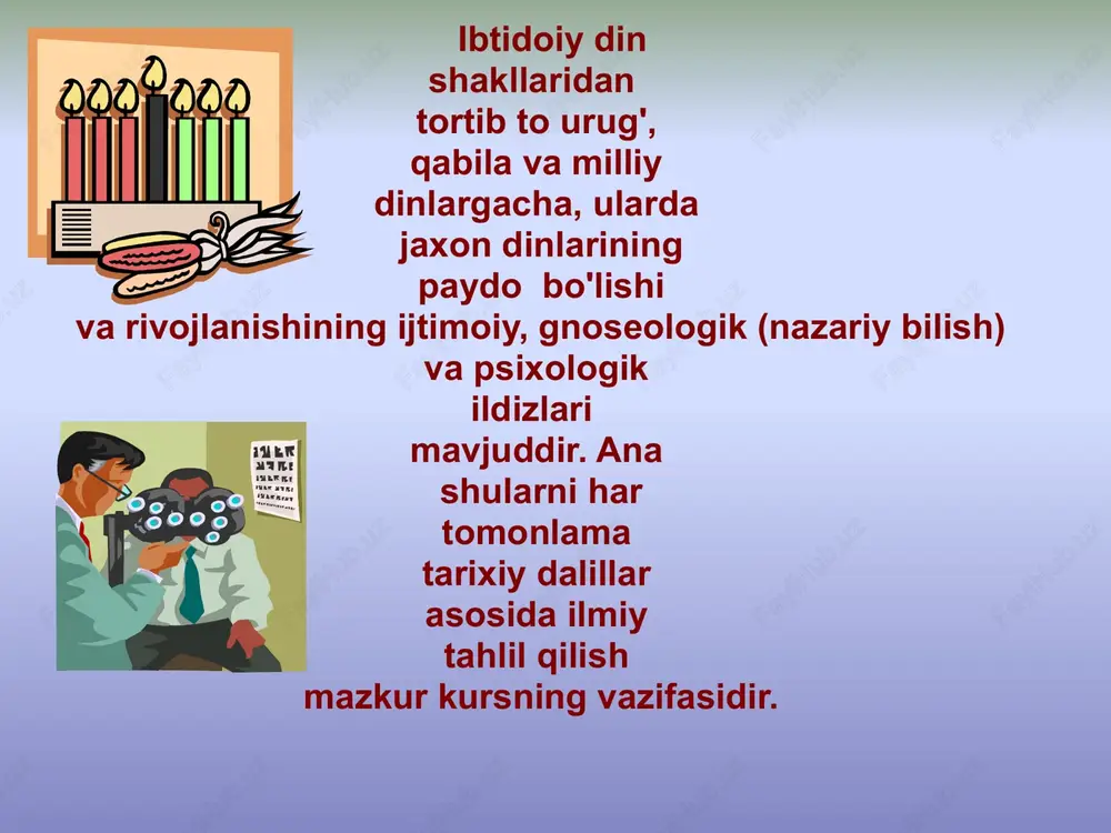 oshlashdi. darhol ayol bolani qo‘liga olib, bag‘riga bosdi. butun gavdasi bilan qaynoq qumga chalqancha yotib, «bolam, bolam» deya unga ko‘ksini tutdi, sahroiing o‘tli hovuridan bolani to‘sdi. bu holatga guvoh bo‘lgan barcha yig‘ladi, keyin ularni xoli qoldirishdi. payg‘ambar alayxissalom bu voqeadan xabar topgach, ularning qoshiga keldilar va asxobining raxmdilligidan xursand bo‘lib, shunday xushxabarni yetkazdilar: - bu ayolning bolasiga bo‘lgan mehribonligidan xayratga tushyalsizmi?ha, deyishdi. bu ayol o‘g‘liga qancha raxmdil bo‘lsa, alloh taolo sizga undanda rahmliroqdir! xozirgi davrda butun jaxonda islom dini xaqida goyat ko'p munozarali fikrlar bayon qilinmoqda. shuning uchun bu mavzu doirasida islom dini shakllangan tarixiy shart –sharoit, uning rivoji, bunda muxammad ibn abduloxning ulkan xizmatlari, uning markaziy osiyo mintakasiga tarkalishi, bu yerdagi sivilazatsiya rivojiga, madaniyatiga ta'siri, uning xozirgi davrdagi mavkei muammoli tarzda yoritib beriladi. islom dini dunyoda keng tarkalgan monoteistik dinlardan biridir. afrika qit'asidagi marokash, jazoir, tunis, liviya, misr, somali mamlakatlarining xalklari, xabashiston, xarbiy sudanda yashovchilarning bir kismi, osiyo kit'asidagi …