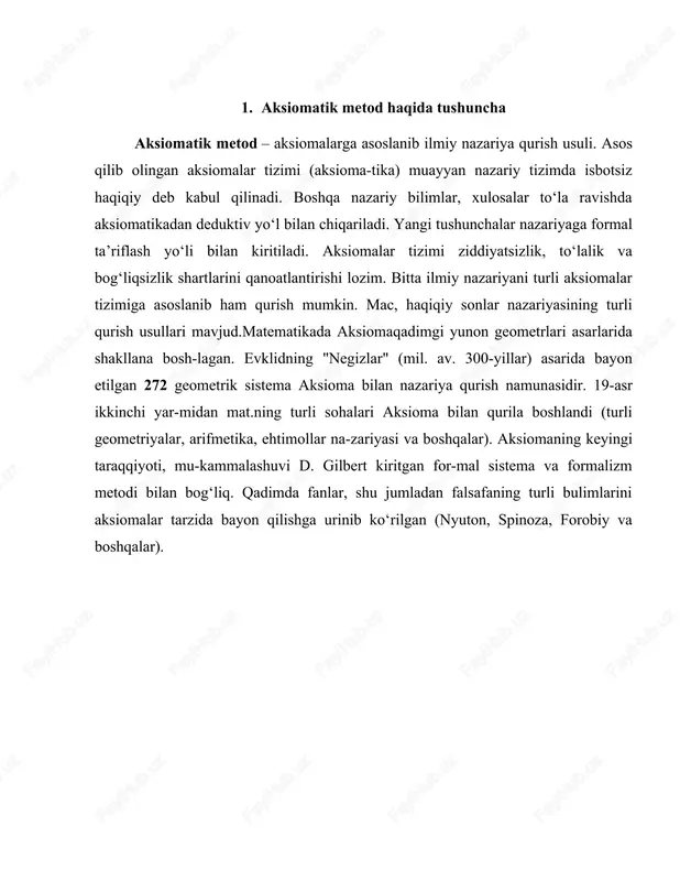 qacha aytganda berilgan aksiomalar sistemasida bir paytda rost va yolg`on tasdiq kelib chiqmasligi kerak. ikkinchidan, aksiomalar sistemasi bir-biriga bog`liq bo`lmasligi, ya’ni bir aksioma aksiomalar sistemasining boshqa aksiomalaridan kelib chiqmasligi kerak. uchinchidan, aksiomalar sistemasi qat’iy bo`lishi kerak. 3. peano aksiomatikasi. natural sonlarni qo`shish tushunchasi natural sonlar to`plami aksiomatikasini qurish uchun yagona asos emas. shuning bilan birga bu tushuncha sodda emas. ma’lumki, n natural soniga m natural sonini qo`shishni qadamma-qadam, ya’ni qadamga yana bitta birlikni qo`shish yordamida hosil qilamiz. masalan, 5+3=(((5+1)+1)+1). shuning uchun, qo`shish operatsiyasini eng sodda ya’ni 1 sonini qo`shish operatsiyasiga keltirish mumkin. n +1 soni bevosita n sonidan keyin kelganligi uchun keyingi songa o`tish to`g`risida gapirish mumkin. shunga ko`ra, natural sonlar to`plamida asosiy tushuncha sifatida «b soni a sonidan bevosita keyin keladi» tushunchasini tanlash mumkin. natural sonlar nazariyasini aksiomatik qurishda peano ta’riflanmaydian tushuncha sifatida “natural son” va ta’riflanmaydian munosabat sifatida “… dan keyin keladi” degan munosabatni asos qilb olgan. peano …