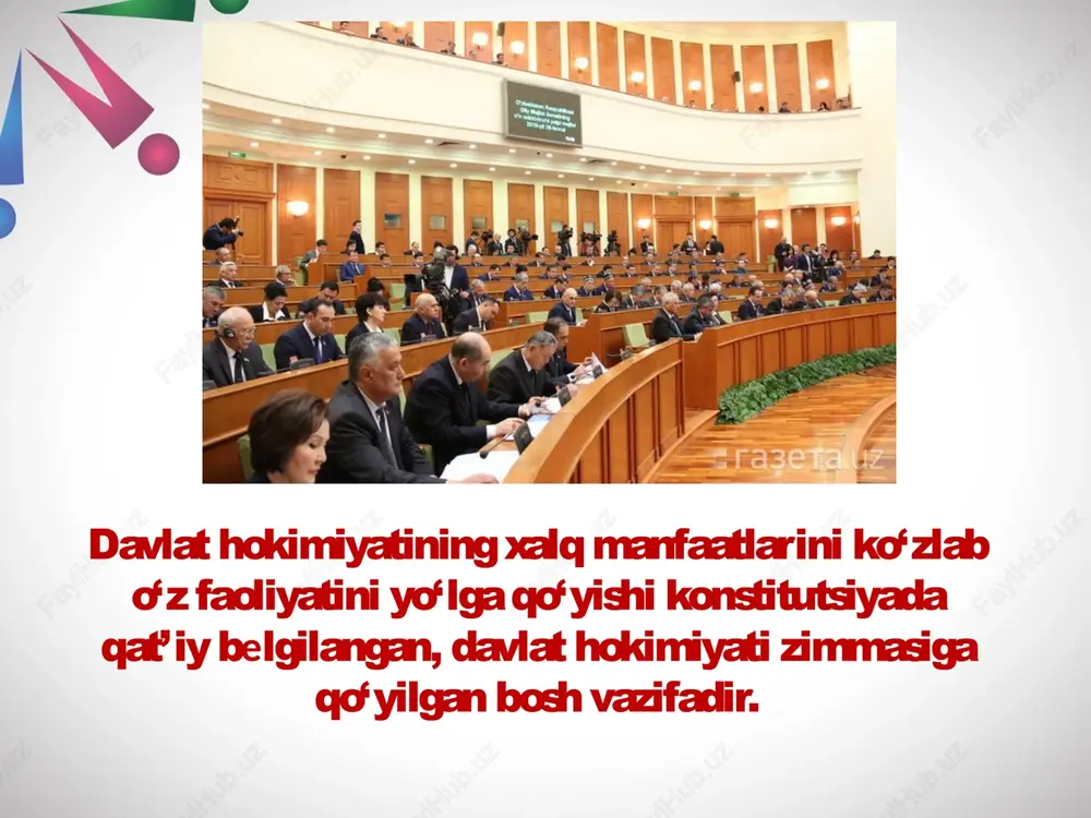 ning yanada yaxshilanishiga xizmat qiladi.shuningdek, fikrimning yakuniy qismida, shuni ta'kidlash joizki, o'zbek xalqi azaldan mehnatkash, vatanparvar, iymonli, ilmli va dono xalq hisoblangan. tarixdan ma'lumki, buyuk bobolarimiz hukmdor bo'lib, o'z davrida davlatni boshqaruv tizimini mustaxkam va tartibli tarzda boshqarishgan. xususan, ikkinchi prezidentimiz shavkat mirziyoyev ko'plab say-harakatlari, oliy maqsadlar sari vatanimizning taraqqiyoti uchun tun-u kun tinmasdan mehnat qilmoqdalar. bunday harakatlarning natijasi albatta davlat boshqaruv tizimini samaradorligini oshirishda ulkan poydevor bo'lib xizmat qiladi. shuningdek, yaqin yillarda, rivojlangan davlatlar boshqaruv tizimi bilan teng kela oladigan o'zbekiston respublikasining davlat boshqaruv tizimi eng samarador, musathkam va yetakchi tizimlar qatoridan joy oladi. foydalanilgan adabiyotlar 1. o'zbekiston respublikasi konstitutsiyasi. -toshkent; 2014 yil. 2. islom karimov. mamlakatimizda demokratik islohotlarni yanada chuqurlashtirish va fuqarolik jamiyatini rivojlantirish konsepsiyasi. -t.; 2010, 8-bet. 3. yusupov e. va boshq.ijtimoiy boshqaruv tizimi evolyutsiyasi va davlatning shakllanishi. -t., 2005.75-bet. 4. shavkat mirziyoyev. biz jasur va olijanob xalqimiz bilan erkin va obod, demokratik o'zbekiston davlatini ko'ramiz! 2016 …