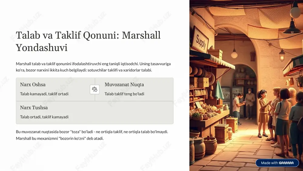 ps://gamma.app/?utm_source=made-with-gamma xulosa va asosiy xulosalar: marshall merosi alfred marshall iqtisodiyot ilmining tajamiina bo'lib, bugungi kun nazariyasining birinchi asosini qo'ydi. uning marjinal tahlil usuli - bu iqtisodchi har qanday muammoni tushunishning alifbo sidir. marjinal tahlil chegara foydalilik va chegara xarajat tushunchalari iqtisodiy qarorni belgilaydi bozor muvozanati talab va taklif bozorin narxini va miqdorini belgilaydi elastiklik narx o'zgarishlariga jalb va taklif qanday javob berishini o'lchaydi marshall merosi bugun: uning asarlari xxi asrda ham o'rgatiladi. qisman muvozanat, elastiklik va marjinal tahlil - bu barcha zamonaviy iqtisodchi uchun asosiy bilim. garchi marshall nazariyasida ba'zi chegaralar bo'lsa-da, uning yondashuvlarini chuqur tushunish bugungi iqtisodiy masalalarni hal qilishda muhimdir. https://gamma.app/?utm_source=made-with-gamma