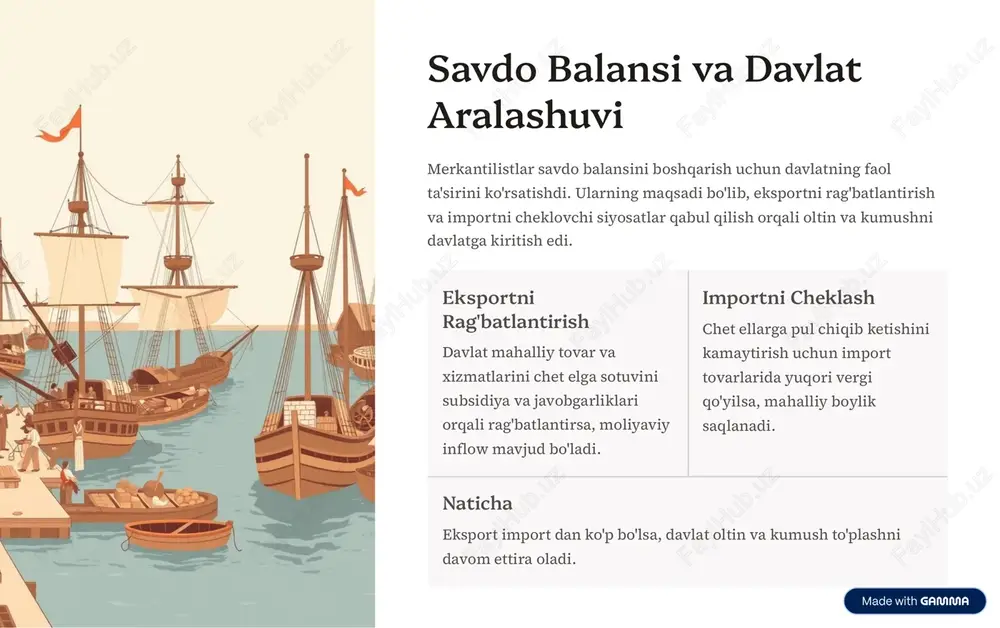 uvozanati yo'l bugungi davlatlar davlat qo'llab- quvvatlashi va bozor erkinligi o'rtasida muvozanani topishga intiladi. global mavzu savdo janglari va tariff chegaralari merkantilizmning bugungi shaklini ko'rsatadi. xulosa merkantilizm o'ta muddatli bo'lsa-yu, davlatning iqtisodiyotda turgan roli haqidagi savollar abadiy. https://gamma.app/?utm_source=made-with-gamma