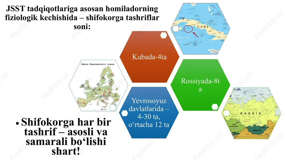 tashhis; asosiy davolash tadbirlari; qo‘shimcha parvarishga muxtoj guruh ayollari; shifoxonaga yotqizishga ko‘rsatma; keyingi tashriflar; skrining tekshirishlar; gravidogramma; tug‘ruqdan keyingi tashrif. ssvning 2012 yil «18» may dagi 137–sonli buyrugiga 3-sonli ilova normal homiladorlik – bir homilali, rivojlanish nuqsoni va genetik patologiyasiz, 37-41⁶ xafta davom etuvchi, akusherlik va perinatal asoratsiz kechuvchi homiladorlik. jsst: normal (fiziologik, asoratlanmagan) homiladorlar 80-85% tashkil qiladi. o‘zrssvning 273-sonli buyrug‘iga asosan “normal homiladorlik” milliy klinik bayonnomasi tasdiqlandi (2021) kasalliklar halqaro tasnifi – x tahriri; diagnostika: tashxis qo‘yish mezonlari, shikoyatlari va anamnez, fizikal tekshiruv, gravidogramma. laborator diagnostik tekshiruvlar. instrumental diagnostik tekshiruvlar. davolash profilaktika. tibbiy yordamni tashkil etish. tibbiy yordamni sifat mezonlari. skrining tekshiruv 1a homiladorlikning 11-13⁶ xaftaligida ayolni 1-trimestrdagi skrining tekshiruvga yuborish tavsiya etiladi: uttda bo‘yin bo‘shlig‘i qalinligi (bbq); burun suyagini aniqlash (norma-3mm). qonda: xorionik gonadotropin (xg) miqdorini aniqlash; homiladorlik bilan bog‘liq a oqsilini o‘rganish (rarr-a); xromasoma patologiyasi bo‘lgan bola tug‘ilishining individual xavfining dasturiy ta’minoti hisoblanadi homilada aneuploidiyani inkor qilish …