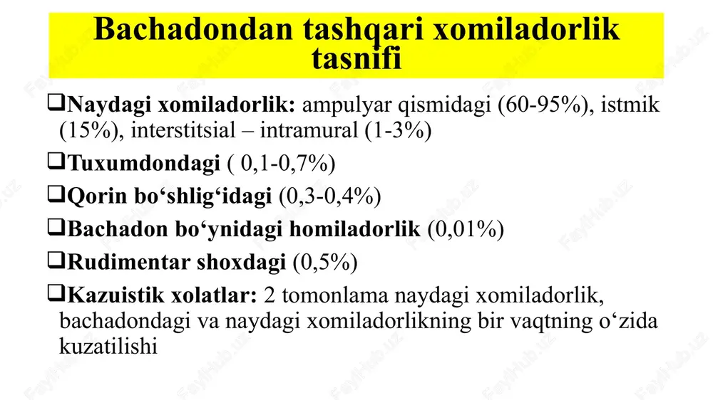 logik ko‘rikda – bachadon yonida xarakatsiz, og‘riqli xosila paypaslanadi tashxislash utt laparosopiya uash taktikasi birlamchi baholash: ps, aqb, saturatsiya; kislorod ulash; gospitalizatsiya; jarroxlik muolajasi genitaliy jaroxati genitaliy jaroxati – yengil tilinishdan qo‘shni a’zolarni jaroxatigacha bo‘ladigan xolatlar. tashqi jinsiy a’zolar jaroxati; kichik jinsiy lablar, klitor, qin devorlari yirtilishi tashqi genitaliy gematomasi uretra, siydik qopining zararlanishi va tos suyaklarini sinishi bilan birga klinik belgilar: tashqi qon ketish va shilliq qavat butunligi buzulmagan gematoma tashxislash: anamnez, tashqi jinsiy a’zolar ko‘rigi, palpatsiya, qorin perkussiyasi, vaginoskopiya, siydik qopi kateterizatsiyasi uash taktikasi: ginekologiya bo‘limiga gospitalizatsiya, jaroxatga birlamchi ishov berish, muzli kompress, gematomani ochish, ko‘rsatma bo‘yicha tomirlarni tikish va drenajlash. kolporafiya. e’tiboringiz uchun rahmat! image1.jpeg image2.png image3.jpeg image4.jpeg image5.png image6.png image7.png image8.png image9.jpeg image10.jpeg image11.jpeg image12.jpeg image13.jpeg image14.jpeg image15.jpeg image16.jpeg image17.jpeg image18.jpeg image19.jpeg image20.jpeg image21.jpeg image22.jpeg image23.jpeg image24.jpeg image25.jpeg image26.png image27.jpeg image28.jpeg image29.jpeg /docprops/thumbnail.jpeg