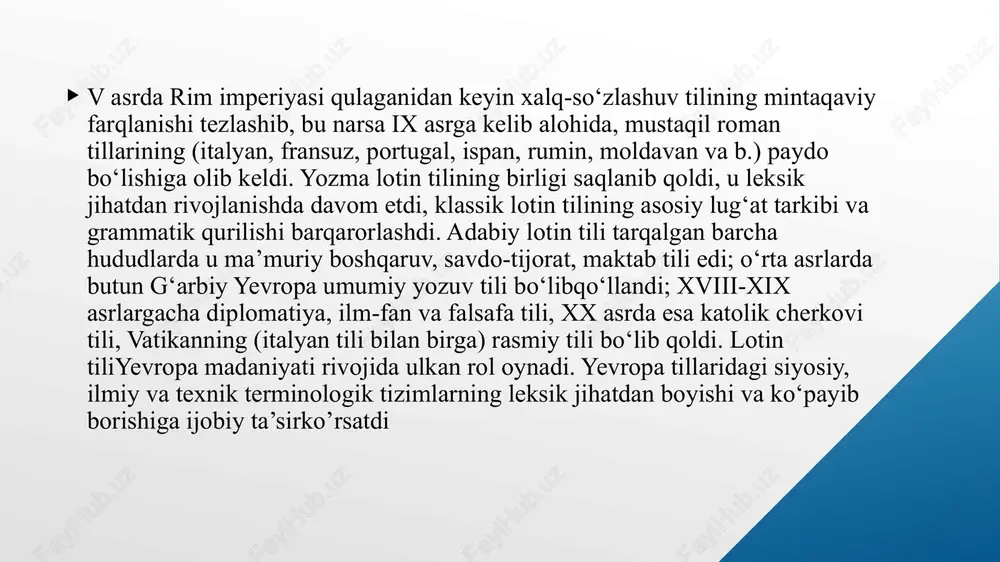 da bir unlilar (monoftonglar) va ikki unlilar (diftonglar) ga bo‘linadi. unli harflarning talaffuzi a – a – aorta – [aorta] – aorta e – e – vertebra – [vertebra] – umurtqa o – o – foramen – [foramen] – teshik i – i – vita – [vita] – hayot i i harfi so‘z yoki bo‘g‘in boshida unli harfdan oldin kelsa, hamda ikki unli harf orasida kelsa [y] kabi talaffuz etiladi: iugularis [yugularis] bo‘yinturuqqa oid; iunctura [yunktura] bog‘lanma; maior [mayor] kattaroq; iuga [yuga] tepalik. yuqorida ko‘rsatilgan vaziyatlarda zamonaviy tibbiyotterminshunosligida i o‘rniga j j – yot harfi qo‘llaniladi: jugularis [yugularis]; junctura [yunktura]; major [mayor]; juga [yuga]. j j harfi faqat yunon tilidan o‘zlashtirilgan so‘zlardagina yozilmaydi, chunki unda [y] tovushi bo‘lmagan: iatria [iatria] davolash; iodum [iodum] yod. u – u – rotundus – [rotundus] – yumaloq y – i – myologia – [miologiya] – muskullar haqidagi fan y y ipsilon, igrek (fr. i …