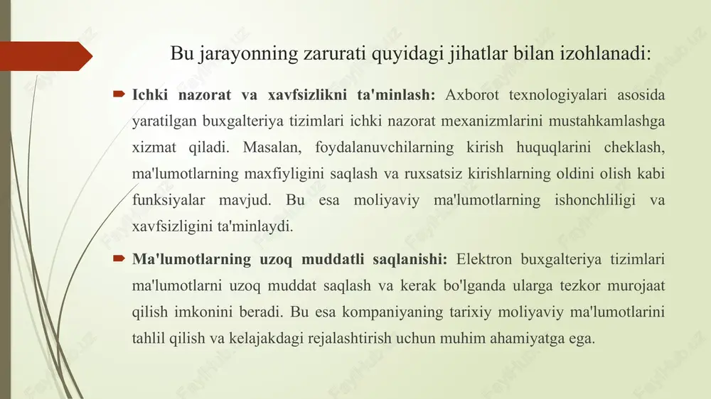 ruxsatlarni boshqarish kabi vositalarni taqdim etadilar. bulutli ma'lumotlar bazalarining turlari: sql (relyatsion) bazalar: an'anaviy tuzilgan ma'lumotlar uchun mos bo'lib, ma'lumotlar jadval shaklida saqlanadi va sql tili orqali boshqariladi. nosql bazalar: moslashuvchan tuzilishga ega bo'lib, katta hajmdagi va tez o'zgaruvchan ma'lumotlar bilan ishlash uchun mo'ljallangan. bulutli ma’lumotlar bazasi bulutli ma'lumotlar bazalari zamonaviy bizneslar uchun ma'lumotlarni saqlash va boshqarishda samarali, tejamkor va moslashuvchan yechimlarni taqdim etadi. ular infratuzilma xarajatlarini kamaytirish, ma'lumotlarga istalgan joydan kirish imkoniyatini yaratish va xavfsizlikni ta'minlash orqali tashkilotlarning raqobatbardoshligini oshirishga yordam beradi. quyida ushbu tizimlarning buxgalteriya hisobiga salbiy ta'sirlari tahlil qilinadi: xavfsizlik va maxfiylik muammolari: bulutli hisoblash xizmatlari orqali ma'lumotlar internet orqali uzatiladi va saqlanadi, bu esa kiberhujumlar va ma'lumotlarning ruxsatsiz kirish xavfini oshiradi. masalan, 2023-yilda microsoftning bulut xizmatlariga qilingan hujum natijasida bir nechta tashkilotlarning elektron pochta tizimlariga noqonuniy kirish amalga oshirilgan. internetga bog'liqlik: bulutli buxgalteriya tizimlari doimiy internet aloqasini talab qiladi. agar internetga ulanish sifati past bo'lsa yoki …