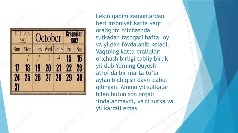 a xos hisoblaganlar. oylardagi kunlarning zamonaviy kalendarlardagidek tartib raqami bo‘lmagan.oylar asosiy 3 «tayanch kunga» bo’lingan bo‘lib, kalendalar, nonelar, idlar deb atalgan. har bir oyning birinchi «tayanch kuni» kalenda (calendae) deb atalib, u lotincha «e’lon qilmoq», «bildirmoq» degan ma’nolarni bildiradi. har oyning boshida pontifiklar xalq yig’inini e'lon qilgan. shuningdek, bu davrda xalqqa yangi oy ko‘ringan vaqt e’lon qilinib turilgan. ikkinchi «tayanch kun» none2. martius, mayus, kvintilis, oktober oylarining yettinchi kuni va qolgan bosbqa oylarning beshinchi kuni none deb atalgan. none — taxminan oyning birinchi choragi ko’ringan kundan boshlangan. rim imperatori yuliy sezar (er.avv. 100-44) eramizdan avvalgi 46-yilda kalendar islohotini o‘tkazdi. yuliy sezar ungacha misrda bo‘lganida mahalliy kalendar uni qiziqtirib qo‘ygandi. yangi kalendarni tuzishda aleksandriyalik astronom sozigen faol qatnashadi. kalendar islohotchilari oldiga misr «daydi kalendari»ni tugatib, so‘ngra uni qabul qilish vazifasi qo‘yilgan edi. sozigen tuzgan bu kalendar yulian kalendari (yuliy sezar sharafiga) nonii bilan tarixga kiradi. image1.jpeg image2.jpeg image3.jpeg image4.jpeg image5.jpeg image6.jpeg …