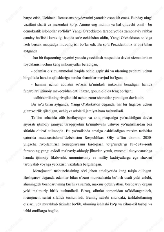 onaviy tushunchasi ta’lim xizmatlarini ko‘rsatishdan iborat bo‘lib, shundan dalolat beradi: jahon savdo tashkilotining ta’lim sohasi xizmatlar sohasiga tegishli ekanligi ta’kidlanganidek xizmatlar ko‘rinishidagi ta’lim muassasalari faoliyati natijasini ko‘rib chiqadigan jahon bankining qoidalari. shu bilan birga, ta’lim faoliyati natijasi mutaxassis, xususan, mutaxassis - barcha ta’sirlarning o‘lchov birligi, mehnat bozoriga chiqarilgan eng yuqori malakali ishchi kuchi hisoblanadi. bundan tashqari, ta’lim muassasasining faoliyati nafaqat ta’lim xizmatlarini ishlab chiqarish yoki professional mutaxassis tayyorlash, balki insonni rivojlantirishdir. ta’lim xizmatlari tashuvchisiz hech narsani anglatmaydi, deb yozadi, "bilim o‘z-o‘zidan mavjud emas" va mutaxassisning kasbiy malakasi nafaqat bilimga ega bo‘lish, balki uni amaliy faoliyatda samarali qo‘llash qobiliyatidir. bitiruv malakaviy ishining o‘rganganlik darajasi: ma’lumki, milliy davlatchilikning nazariy asoslari, adolatli jamiyat qurish va bunda rahbar va o‘qituvchi axloqiga doir qarashlar qadimdan markaziy osiyo mutafakkirlarining asarlarida o‘z ifodasini topgan. ular bugun ham muhim ilmiy, nazariy, ma’naviy manbalar bo‘lib xizmat qilmoqda. xususan, abu nasr forobiy[footnoteref:3], yusuf xos hojib, nizomulmulk, amir temur, alisher navoiy, …