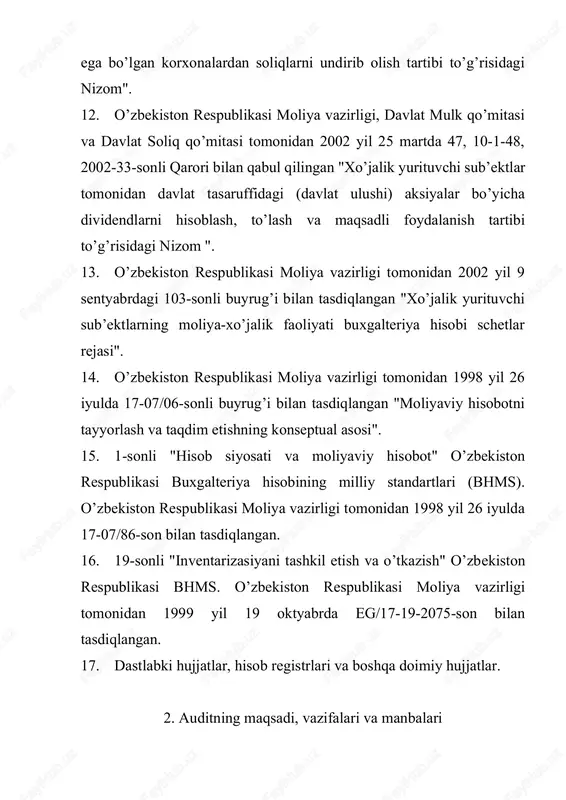 sh jarayoniga jiddiy ta’sir ko’rsatadigan quyidagi omillarni hisobga olishi lozim: tashkiliy-huquqiy shakli; mulkchilik shakli; mansubligi; statusi (sho’’ba, qaram, xolding, kichik korxona); faoliyat turi; hududi. tashkiliy - huquqiy shakli – o’zbekiston respublikasi hududida ro’yxatga olingan xo’jalik yurituvchi sub’ektlar bular oaj, yoaj, mchj va h.k. mulkchilik shakli – o’zbekiston respublikasi hududida ro’yxatga olingan xo’jalik yurituvchi sub’ektlar fuqarolik kodeksiga binoan davlat, xususiy va h.k. mansubligi - xo’jalik yurituvchi sub’ektlar o’zbekiston, xorij, xorijiy investisiyali bo’lishi mumkin. statusi - xo’jalik yurituvchi sub’ektlar sho’’ba, qaram, xolding, kichik korxonalar ko’rinishida bo’lishi mumkin. faoliyat turi - xo’jalik yurituvchi sub’ekt o’z faoliyatni amalga oshirishda maxsus ruxsatnomaga, yoki lisenziyaga ega bo’lishi mumkin yoki bunday hujjatlarsiz amalga oshirilishi mumkin. faoliyat ko’rsatish hududi – o’zbekiston respublikasi hududi bilan cheklanmasligi mumkin. ushbu yo’nalishlarning tahlilidan tekshiruvning quyidagi vazifalari kelib chiqadi: 1) xo’jalik yurituvchi sub’ekt faoliyatning huquqiy asoslarini tasdiqlash; 2) xususiy kapital to’g’ri shakllantirilganligini tasdiqlash; 3) ta’sis etuvchilar bilan oraliq va yakuniy hisob-kitoblarning to’g’riligini tekshirish; …