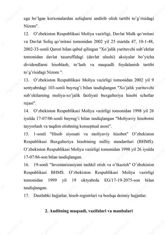 satadigan quyidagi omillarni hisobga olishi lozim: tashkiliy-huquqiy shakli; mulkchilik shakli; mansubligi; statusi (sho’’ba, qaram, xolding, kichik korxona); faoliyat turi; hududi. tashkiliy - huquqiy shakli – o’zbekiston respublikasi hududida ro’yxatga olingan xo’jalik yurituvchi sub’ektlar bular oaj, yoaj, mchj va h.k. mulkchilik shakli – o’zbekiston respublikasi hududida ro’yxatga olingan xo’jalik yurituvchi sub’ektlar fuqarolik kodeksiga binoan davlat, xususiy va h.k. mansubligi - xo’jalik yurituvchi sub’ektlar o’zbekiston, xorij, xorijiy investisiyali bo’lishi mumkin. statusi - xo’jalik yurituvchi sub’ektlar sho’’ba, qaram, xolding, kichik korxonalar ko’rinishida bo’lishi mumkin. faoliyat turi - xo’jalik yurituvchi sub’ekt o’z faoliyatni amalga oshirishda maxsus ruxsatnomaga, yoki lisenziyaga ega bo’lishi mumkin yoki bunday hujjatlarsiz amalga oshirilishi mumkin. faoliyat ko’rsatish hududi – o’zbekiston respublikasi hududi bilan cheklanmasligi mumkin. ushbu yo’nalishlarning tahlilidan tekshiruvning quyidagi vazifalari kelib chiqadi: 1) xo’jalik yurituvchi sub’ekt faoliyatning huquqiy asoslarini tasdiqlash; 2) xususiy kapital to’g’ri shakllantirilganligini tasdiqlash; 3) ta’sis etuvchilar bilan oraliq va yakuniy hisob-kitoblarning to’g’riligini tekshirish; 4) ustav kapital to’liq …