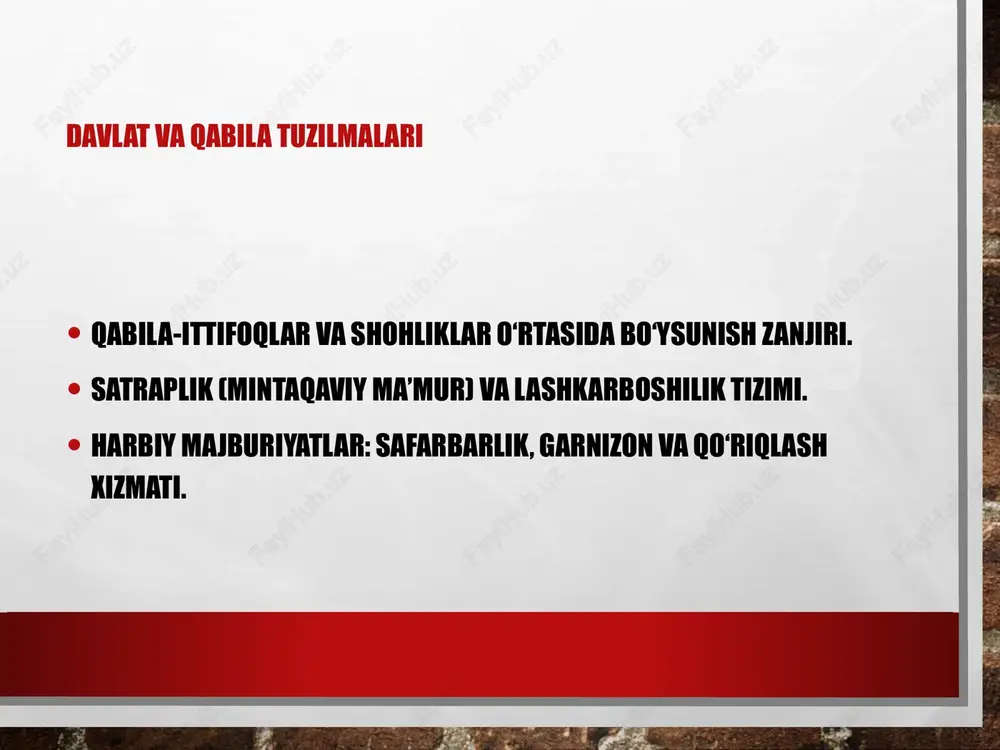 rlar: ahamoniylar ta’siri, satrapliklar. mil.avv. iv asr: aleksandr yurishlari va mahalliy qarshilik. mil.avv. ii — milodiy i asrlar: kushonlar davri va ipak yo‘li. harbiy san’at hududlararo almashinuv bilan takomillashgan. taqqosiy tahlil: ko‘chmanchi vs voha harakatchanlik va manevr — ko‘chmanchi yadro kuchi qal’a-muhandislik va resurs — voha markaziy kuchi uslublar sintezi: otliq + qal’a mudofaasi hamkorligi sintez ko‘pincha siyosiy barqarorlik davrlarida kuchaygan. case-study: spitamen qarshilik strategiyasi hududiy tayanchlar: daryo vodiylari, tog‘ dovonlari. tarqoq zarbalar: dushman ta’minotini uzish, ruhiy bosim. koalitsion yondashuv: mahalliy ittifoqlar va qo‘shma kuchlar. dars: markazlashgan kuchga qarshi chaqqon strategiya samarali bo‘lishi mumkin. amaliy tavsiyalar (o‘quv mashg‘uloti uchun) har bir bo‘limga 2–3 tarixiy misol keltirib, xarita bilan tushuntiring. rol o‘yinlari: sarkarda shtab mashqi (ta’minot vs manevr). arxeologik fotolar asosida qurol/zirh identifikatsiya mashqi. talabalar uchun interaktiv yondashuv bilimni mustahkamlaydi. xulosa: asosiy g‘oyalar otliq yoychilar — markaziy ustunlik omili. qal’a va muhandislik — vohalar xavfsizligining asosi. ta’minot va razvedka — strategik …