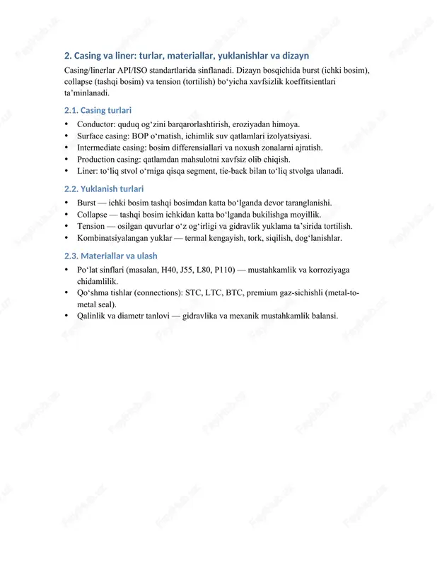 tirmaslik. foydalanilgan adabiyotlar 1. api 5ct / iso 11960 – casing and tubing. 2. api tr 5c3 – casing and tubing properties. 3. bourgoyne et al. applied drilling engineering. 4. economides et al. petroleum production systems. 5. mitchell & zunker. well completion and workover practices. /docprops/thumbnail.jpeg