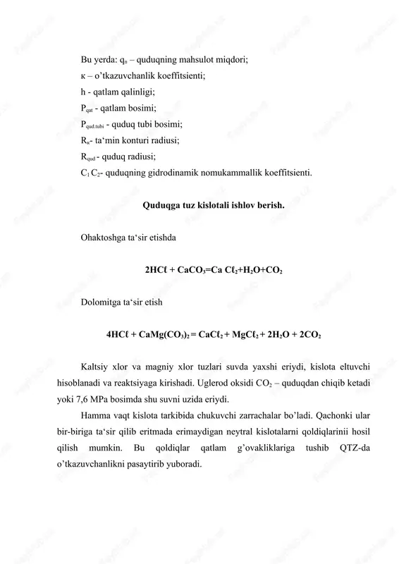 rkibiga quyidagi reagentlar qo’shiladi. 1. ingibitor- jihozlarni korroziya qarshi himoya qiladi. ingibitor yordamida hcℓ-xlor kislotasi tashiladi, qayta haydaladi va saqlanadi. odatda ingibitorlar ingibitor turiga muvofiq va boshlang’ich kontsentratsiyaga bog’liq holda 1% - gacha qo’shiladi. ingibitor sifatida quyidagilardan foydalaniladi: formalin (0,6%), korroziya faolligini 7-8 marta pasaytiradi; unikal – yopishqoq to’q-jigar suyuqlik (misol unikol pb-5) (0,25-0,5%), korroziyaga qarshi faollikni 30-42 marta oshiradi. unikol suvda erimaydi, neytral kislota aralashmasi tarkibidan cho’kmaga tushadi. shuning uchun uning kontsentratsiyasini 0,1% gacha qaysi korroziyaga qarshi himoya aktivligi - 15 martagacha. yuqori harorat va bosimda qo’llaniladigan ingibitorlar ishlab chiqilgan bo’lib reagent i-1-a (0,4%) – urotropik (0,9%) aralashmasi korroziyaga qarshi faollikni (t=870c dgf p=38 mpa) 20-marta oshiradi. katapin – a ingibitori eng yaxshi hisoblanib, 0,1% li qo’shimchasi 55-65 marta korroziyaga qarshi faollikni oshiradi. 0,025% li aralashmasi. (0,25 kg miqdorda 1m3 aralashmaga qo’shiladi) – 45 marta faolashtiradi. uning himoya xossasi yuqori haroratda kuchli yomonlashadi. shuning uchun t-80-1000c bo’lganda 0,2%-gacha qo’shimchasiga …