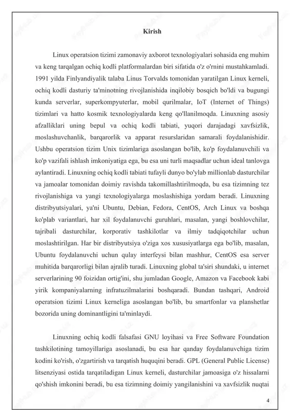 nishi linux operatsion tizimining paydo bo'lishi va rivojlanishi zamonaviy axborot texnologiyalari sohasida inqilobiy o'zgarishlarni keltirib chiqardi, bu ochiq kodli dasturiy ta'minotning global miqyosda rivojlanishiga asos bo'ldi. linuxning ildizlari 1960-yillarda at&t bell laboratories tomonidan ishlab chiqilgan unix operatsion tizimiga borib taqaladi, u ko'p foydalanuvchili va ko'p vazifali tizim sifatida dasturchilar orasida katta muvaffaqiyat qozongan edi. unixning muvaffaqiyati uning oddiyligi, moslashuvchanligi va mustahkamligida edi, ammo uning tijoriy tabiati va yuqori narxi ko'plab foydalanuvchilar uchun cheklovlar yaratdi. 1980-yillarda richard stallman tomonidan gnu (gnu's not unix) loyihasi boshlandi, bu loyihaning maqsadi unix-ga o'xshash, lekin butunlay bepul va ochiq kodli operatsion tizim yaratish edi. gnu loyihasi ko'plab foydali vositalarni, masalan, kompilyatorlar, matn muharrirlari va boshqa dasturiy ta'minotlarni ishlab chiqdi, ammo to'liq operatsion tizim uchun kernel yetishmadi. 1991 yilda finlyandiyalik talaba linus torvalds o'z shaxsiy kompyuterida minix operatsion tizimiga alternativa sifatida linux kernelini yaratdi. minix, professor andrew tanenbaum tomonidan ta'lim maqsadlarida ishlab chiqilgan unix-ga o'xshash tizim …