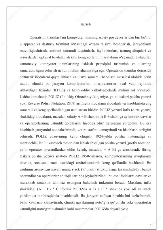 chine (jvm), python interpretatorlari va boshqa ko‘plab tizimlarda ishlatiladi, bu esa uning operatsion tizimlar fanidagi dolzarbligini tasdiqlaydi. polizni o‘rganish algoritmik fikrlashni rivojlantirish bilan birga, kompyuter tizimlarining ichki mexanizmlarini tahlil qilish va optimallashtirishda muhim ko‘nikmalarni shakllantiradi. shu bilan birga, bu usul kelajakda kvant hisoblash, sun’iy intellekt va parallel hisoblash kabi sohalarda yanada kengroq qo‘llanilishi mumkin, bu esa uni operatsion tizimlar fanining ajralmas qismiga aylantiradi. nazariy qismi 1.1 poliz yozuvining ta'rifi va turlari poliz ya'ni teskari polsha yozuvi (reverse polish notation, rpn), arifmetik va mantiqiy ifodalarni ifodalashning maxsus usuli bo‘lib, unda operatorlar operandlardan keyin joylashadi. bu usul 1924-yilda polsha matematigi va mantiqchisi jan lukasevich tomonidan ishlab chiqilgan polsha yozuvi (prefix notation, ya'ni operator operandlardan oldin keladi, masalan, + a b) asosida rivojlantirilgan. polizning asosiy xususiyati shundaki, u ifodalarni qavslar va operatorlarning ustunlik qoidalarisiz (masalan, bodmas – bracket, order, division, multiplication, addition, subtraction) chiziqli shaklda ifodalaydi. masalan, odatiy infix (o‘rta yozuv) shaklidagi (a …