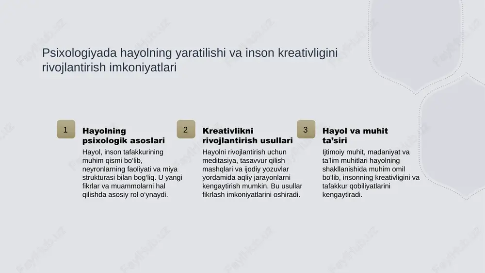sh hayol insonning fikrlash jarayonlarini kengaytiradi, muammolarni hal qilishda yangi yondashuvlarni shakllantiradi, shaxsiy va professional o‘sishga turtki bo‘ladi. ta'limda hayolni rivojlantirish uchun innovatsion metodlar yaratijoniy texnologiyalar zamonaviy ta'limda virtual haqiqiylik, gamifikatsiya va interaktiv platformalar hayolni rivojlantirishda muhim rol o'ynaydi. bu metodlar talabalarni faol fikrlashga undaydi. hamkorlikli o‘qitish guruh muhokamalari, loyiha asosida o‘rganish va muammolarni hal qilish usullari talabalarda ijodiy fikrlash va tasavvur qilish qobiliyatini kuchaytiradi. praktik amaliyotlar real hayot muammolari va innovatsion loyihalar bilan ishlash, talabalarga o‘z hayolini amalga oshirish uchun mustahkam asos yaratadi va kreativlikni oshiradi. madaniyatda hayolning rivojlanishiga ta'sir qiluvchi ijtimoiy omillar 1 madaniyat ta’sirlari madaniyat, hayol rivojlanishida asosiy omil bo‘lib, insonlarning qadriyatlari, an’analari va san’at shakllari orqali kreativlik va tasavvurni rivojlantiradi. 2 jamiyat va madaniyat jamiyatdagi ijtimoiy muhit, oilaviy qadriyatlar va ta’lim tizimi hayolga ta’sir qilib, yoshlarni yangi fikrlash va ijodiy yondashuvlarga rag‘batlantiradi. 3 media va texnologiya zamonaviy media va texnologiyalar, madaniyatda hayolni kengaytiradi, yangi fikrlar va …