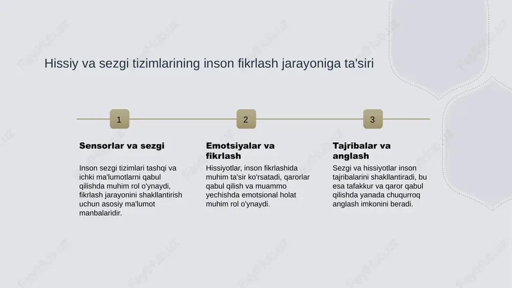 antiradi. 3 qadriyatlar va fikrlash madaniyatdagi qadriyatlar va e'tiqodlar inson tafakkurining asosiy elementlaridir. ular fikrlash jarayonlarini chegaralash yoki kengaytirishga yordam beradi, shuningdek, muhim qarorlarni belgilaydi. 4 madaniyat va kognitiv rivojlanish madaniyatlararo munosabatlar va an'analarning o'zaro ta'siri kognitiv rivojlanishni tezlashtiradi. bu jarayon insonlarning muammolarni hal qilish va yangi bilimlarni qabul qilish imkoniyatlarini kengaytiradi. turli madaniyatlarda sensory perception va uning kuzatilishi madaniy tafovutlar turli madaniyatlarda sensorik idroklar farqlidir. masalan, ba'zi madaniyatlarda ranglar va tovushlarga bo'lgan munosabatlar boshqacha talqin qilinadi, bu esa idrokning shakllanishiga ta'sir qiladi. kuzatuv usullari madaniyatlararo farqlar idrokni qanday kuzatilishini ham belgilaydi. ba'zi madaniyatlarda hissiylar va tafakkur an'anaviy usullar bilan, boshqalarida esa zamonaviy texnologiyalar yordamida o'rganiladi. kulturol qabul qilish madaniyatlarning sensorik qabul qilishdagi farqlari ularning dunyoqarashlari va qadriyatlariga bog'liq. bu farqlar insonlarning muhit bilan o'zaro aloqalarini va tafakkur shakllanishini ta'sir qiladi. kognitiv jarayonlarning madaniyatlararo farqlari va ularning izohi 1 madaniyat ta’siri - kognitiv jarayonlar madaniyatga qarab shakllanadi. har bir madaniyat …