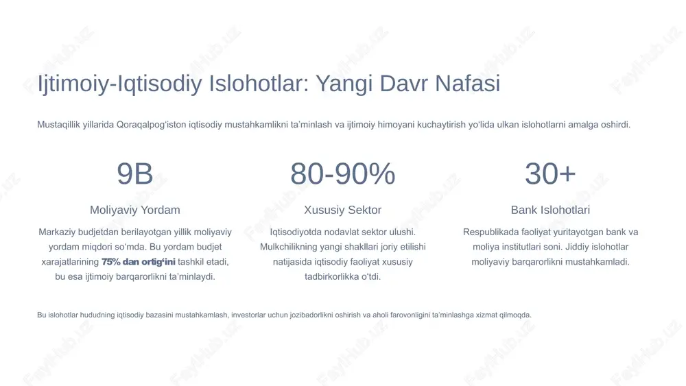llik — qoraqalpog‘istonning buyuk taraqqiyot yo‘li mustaqillik yillari qoraqalpog‘iston uchun ulkan o‘zgarishlar va muvaffaqiyatlar davri bo‘ldi. respublikaning siyosiy suvereniteti va iqtisodiy mustaqilligi sezilarli darajada mustahkamlandi. institutsional yangilanish siyosiy va iqtisodiy tizimlarning yangilanishi, bozor iqtisodiyoti tamoyillarini joriy etish. milliy qadriyatlar rivoji milliy madaniyatning tiklanishi va ekologik muammolarni hal qilishda erishilgan sezilarli yutuqlar. farovon kelajak kelajak uchun barqaror va farovon jamiyat qurish, yosh avlod uchun yangi imkoniyatlar yaratish yo‘lida qat’iy qadamlar tashlanmoqda. 10 image1.png image2.png image3.png image4.png image5.png image6.png image7.png image8.svg image9.png image10.svg image11.png image12.png image13.png image21.png image14.png image15.png image16.svg image17.png image18.svg image19.png image20.svg image22.png image23.png image24.png image25.png image26.png image27.png image28.png image29.svg image30.png image31.svg image32.png image33.svg image34.png image35.png image36.svg