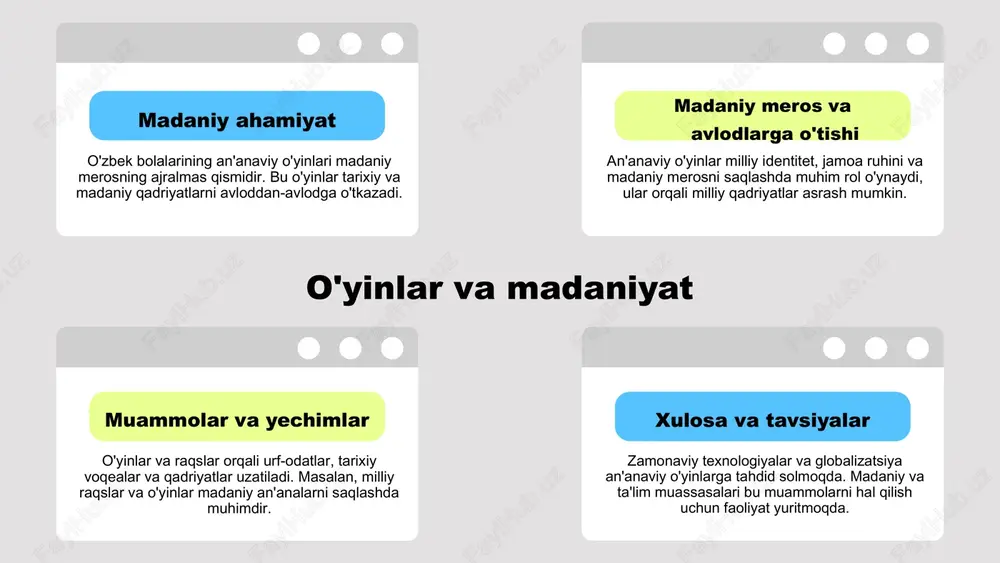 tadir. bu yoshlarning ijtimoiy rollarini tushunishga yordam beradi. photo by headway on unsplash o'yinlarni ishlab chiqish jarayoni o'yin ishlab chiqish bosqichlari: g'oya, dizayn, prototip, sinov va chiqarish. har bir bosqichda vazifalar aniqlanadi. jamoa roli muhim: dizaynerlar, dasturchilar, testchilar hamkorlikda ishlaydi. ularning vazifalari va hamkorlik usullari o'yin sifatiga ta'sir qiladi. samarali kommunikatsiya va rejalashtirish muhim, bu o'yin sifatini oshiradi va muvaffaqiyatli yakunlashga yordam beradi. o'yinlarni o'ynash amaliyoti o'yinlar qoidalari, strategiyalar va munosabatlar; psixologik va ijtimoiy foydalar; o'zaro ta'sir va tajriba almashish. bu amaliyot o'yinchilarning muloqoti va rivojlanishini ta'minlaydi. o'yinlarni ishlab chiqishda innovatsiyalar zamonaviy texnologiyalar, masalan, sun'iy intellekt va virtual haqiqat, yangi imkoniyatlar yaratmoqda. zamonaviy texnologiyalar va innovatsiyalar yangi yondashuvlar, masalan, modul dizayn va shaxsiylashtirish, o'yinlarni yanada jozibador qiladi. yangi yondashuvlar va metodologiyalar foydalanuvchi tajribasini yaxshilash uchun interaktiv elementlar va qulayliklar qo'llaniladi. foydalanuvchi tajribasini yaxshilash 01 02 03 o'yinlarni o'ynashda o'zgarishlar an'anaviy o'yinlardan zamonaviy o'yinlarga o'tish jarayonida texnologik rivojlanish muhim rol o'ynadi. …
