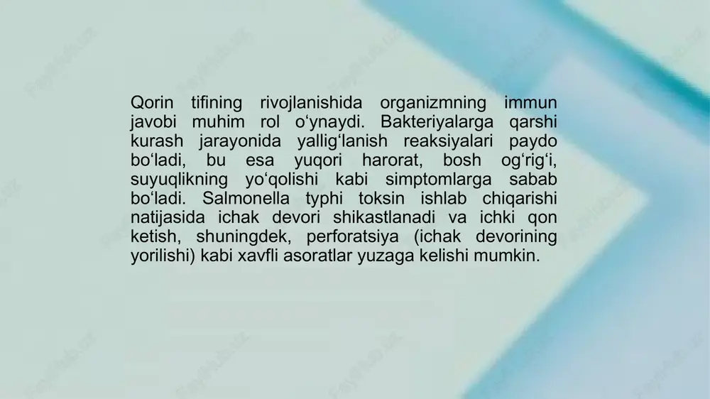 ifalaridan biridir. foydalangan adabiyotlar karimov sh.x., tojiyev sh.t. — odam fiziologiyasi. — toshkent: fan va texnologiya, 2019. normatov b.n. — infektsion kasalliklar va ularning diagnostikasi. — toshkent: o‘qituvchi nashriyoti, 2018. hasanov m., rajabova z. — tibbiy biologiya va mikrobiologiya. — toshkent: tibbiyot nashriyoti, 2020. world health organization (who) — typhoid fever fact sheet. — geneva, 2022. image1.png image2.jpeg image3.jpeg image4.jpeg /docprops/thumbnail.jpeg