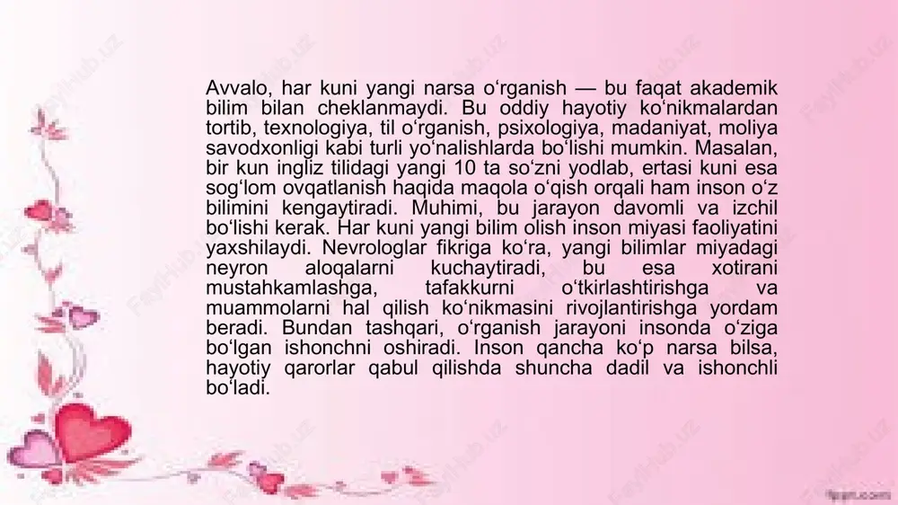 hni va rivojlanishni xohlaydi. bunga erishish uchun esa katta orzular emas, balki kichik, ammo muntazam harakatlar muhim rol o‘ynaydi. shunday harakatlardan biri — har kuni o‘z ustimizda ishlash, ya’ni foydali bir odatni shakllantirish yoki uni mustahkamlashdir. bu oddiy tuyulsa-da, aslida katta natijalarga olib keluvchi kuchli odatdir. foydali odatlar insonni ichki va tashqi jihatdan rivojlantiradi. masalan, ertalab erta turish, kitob o‘qish, sport bilan shug‘ullanish, kunlik reja tuzish, ijobiy fikrlash, vaqtni to‘g‘ri taqsimlash, sog‘lom ovqatlanish yoki yangi til o‘rganish kabi oddiy odatlar inson salohiyatini oshiradi. muhimi — bularning barchasini birdaniga qilish emas, balki har kuni bittasiga e’tibor qaratish va uni odatga aylantirishdir. nega aynan har kuni bitta foydali odat ustida ishlash muhim? chunki inson miyasi yangi odatni qabul qilish uchun vaqt talab qiladi. mutaxassislarning fikricha, bir odatni shakllantirish uchun o‘rtacha 21 kundan 66 kungacha vaqt ketadi. xulosa har kuni o‘z ustimizda ishlash va bitta foydali odatni shakllantirish — bu katta o‘zgarishlarga olib …