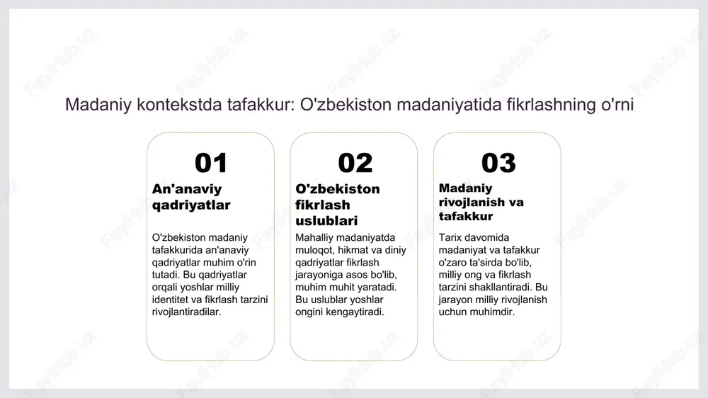 ri - milliy tafakkur odatda milliy ehtiyojlar va an'analarni saqlashga qaratilgan, xalqaro esa zamonaviylik, texnologiya va global muammolarga javob berishga intiladi. zamonaviy dunyoda tafakkur va ong rivojlanishining muhimligi: inson va texnologiyaning o'zaro ta'siri 1 inson va texnologiya zamonaviy dunyoda inson va texnologiyaning o'zaro ta'siri rivojlanishni tezlashtiradi, fikrlash va ongni yangi bosqichga olib chiqadi. 2 aql va sun’iy intellekt sun’iy intellekt va avtomatlashtirish fikrlash jarayonlarini kengaytirib, inson ongini yangi imkoniyatlar bilan ta'minlaydi, muhim qarorlarni qo'llab-quvvatlaydi. 3 kelajak va innovatsiya texnologik yutuqlar kelajakda tafakkur va ong rivojlanishini shakllantiradi, insonning muammolarni hal qilishdagi rolini yanada kuchaytiradi. axborot oqimining tezlashishi va tafakkur ehtiyojining ortishi: fikrlash jarayonining o'zgarishi 1 tezlashayotgan axborot oqimi - zamonaviy dunyoda axborot oqimi tezlashishi bilan, insonlar uchun ma'lumotlarni tahlil qilish va tanlash muhim bo‘lib qoldi. bu jarayon fikrlash ehtiyojini oshiradi. 2 fikrlash qobiliyatining rivojlanishi - axborot miqdorining ortishi bilan, fikrlash jarayoni chuqurlashadi. insonlar muammolarni tahlil qilish va kreativ fikrlashga ehtiyoj sezadi. …