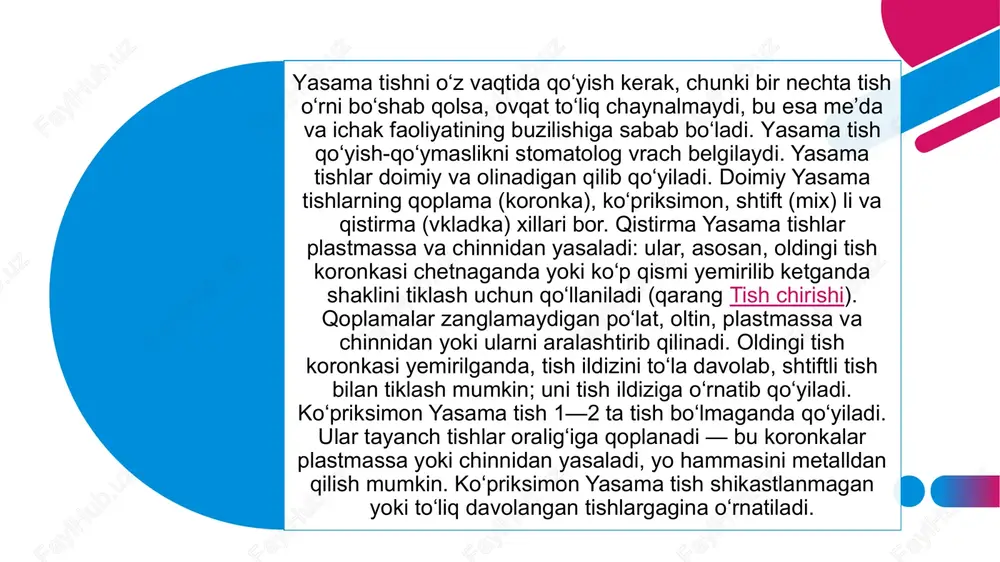 hosil bo`lganligidan bilishi mumkin. kyuveta suvdan chiqariladi, shpatelning richagsimon harakati bilan ochiladi, yumshagan mum olib tashlanadi va issiq suv quyib turgan holda kyuvetadagi gips ohiriga quritiladi. kyuveta asosiga sun’iy tishlar va klammerlar, kyuvetaning kontrshtampli qismiga gipsli model o`tadi. gipslashning barcha turlaridan so`ng mum erishi bilan iliq modelga ajratuvchi materiallarning yupqa qavati suriladi. kyuveta to`liq sovigandan so`ng 2-qavat ajratuvchi lak suriladi. olib qo`yiladigan plastinkasimon protezning asosi «etakril», (akr15), «ftoraks» plastmassalaridan tayyorlanadi. plastmassa kukuni bita sun’iy tishga 1 gr hisobida olinadi. kukun va monomer nisbati ogirlik hisobida 2 gr:1 gr hajmida 3 : 1 olinadi. plastmassa chinni yoki shisha idishda aralashtiriladi va usti yopiladi. davomiy ravishda plastmassani tez aralashtirib turish va yana idishni qopqoq bilan zich yopib qo`yish lozim. plastmassaning yetilishini vaqt bo`yicha aniqlash mumkin emas, chunki yetilish bosqichi granulalarning o`lchamiga, tayyorlanish muddatiga, saqlash sharoitlariga va shu vaqtdagi xona haroratiga bog`liq. hamirsimon bosqichida plastmassasining tayyorligi hakida o`zilishida cho`ziluvchan iplarning yo`qolishiga ko`ra fikr …